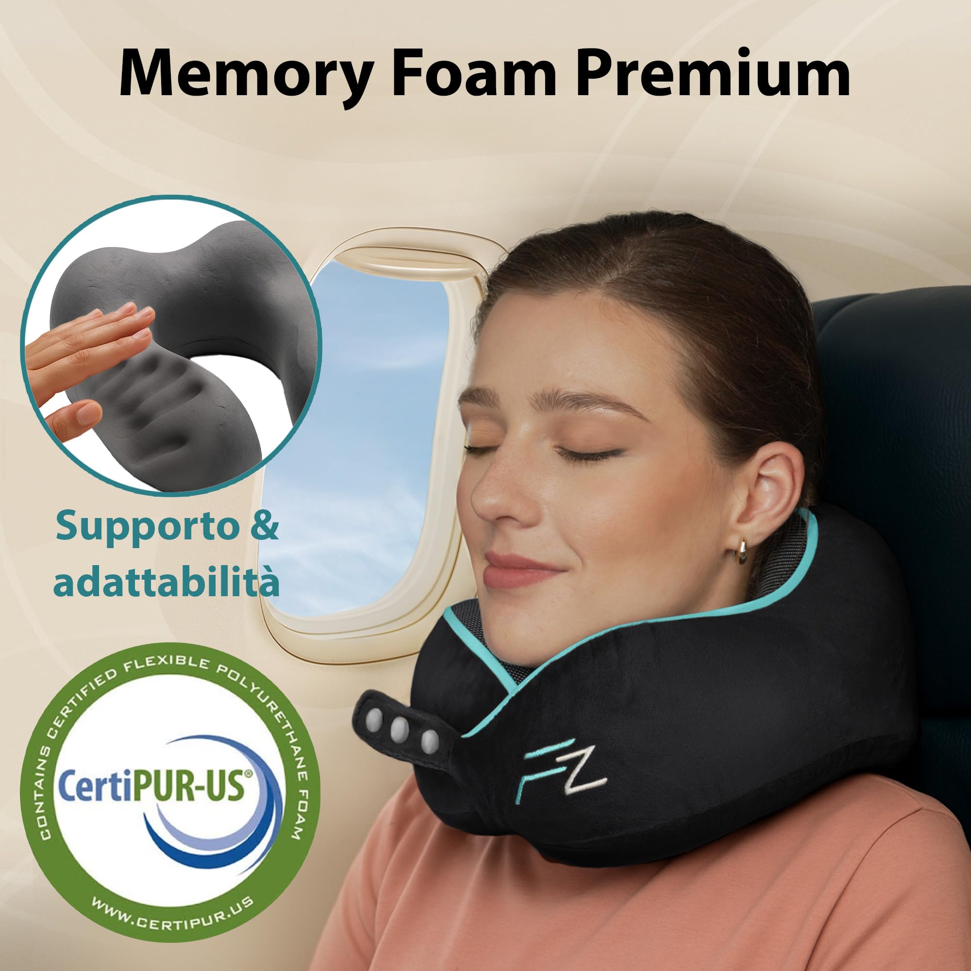 FLOWZOOM Comfy Cuscino da Viaggio per Aereo e Auto – Cuscino per il Collo Regolabile in Schiuma Memory con Supporto a 360°, Fodera Vellutata Lavabile e Sacchetto in Rete per il Trasporto – Nero