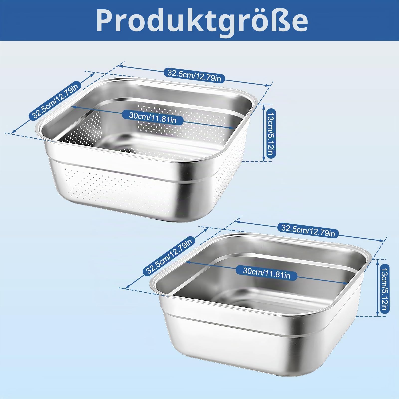 Spülschüssel und Siebschüssel Quadratisches Sieb Edelstahl Küchenkorb mit gleichmäßigen Abflusslöchern Waschbecken Rührschüssel-Set für Obst Gemüse Küche, 34 cm, 2 Stück