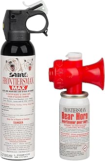 SABREFrontiersman MAX 9.2 oz. Bear & Mountain Lion Attack Deterrent, Up to 40 ft Range, Contains 2% Major Capsaicinoids + Frontiersman Bear Horn (FBH-LT-AMZ) Kit, Glow-in-The-Dark Safety