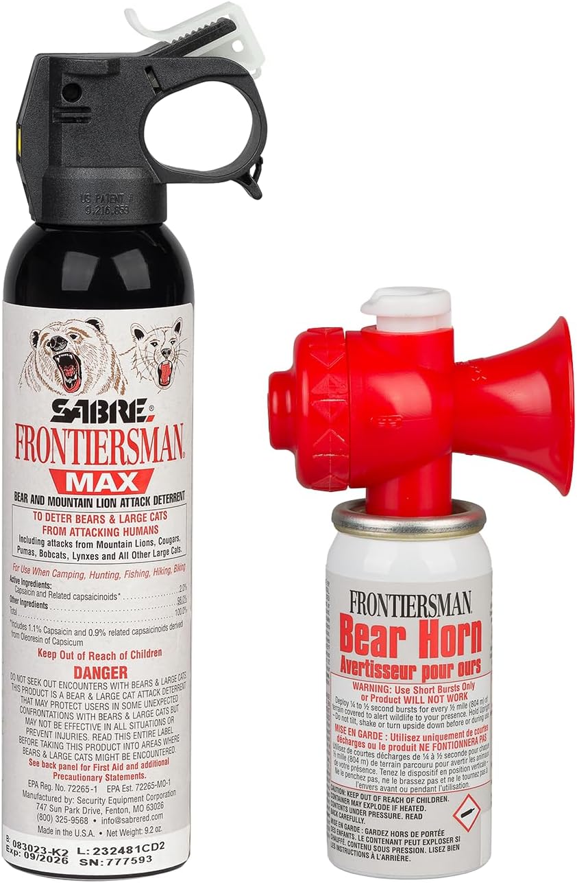 SABREFrontiersman MAX 9.2 oz. Bear & Mountain Lion Attack Deterrent, Up to 40 ft Range, Contains 2% Major Capsaicinoids + Frontiersman Bear Horn (FBH-LT-AMZ) Kit, Glow-in-The-Dark Safety