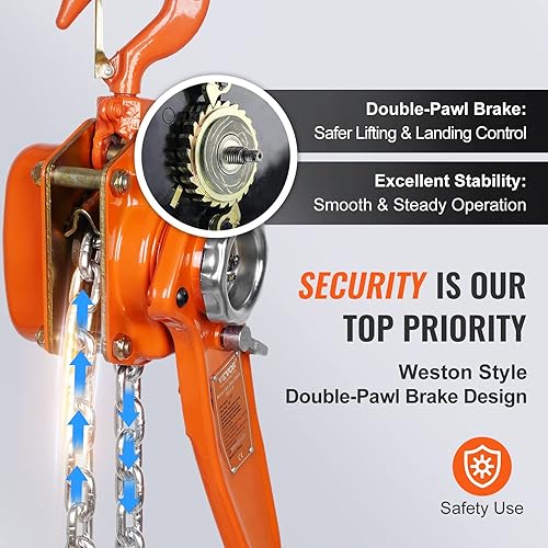 Miniatura 11 de VEVOR Polipasto de cadena de palanca manual, 1/2 tonelada 1100 libras de capacidad de 10 pies, acero al carbono galvanizado G80 con freno Weston