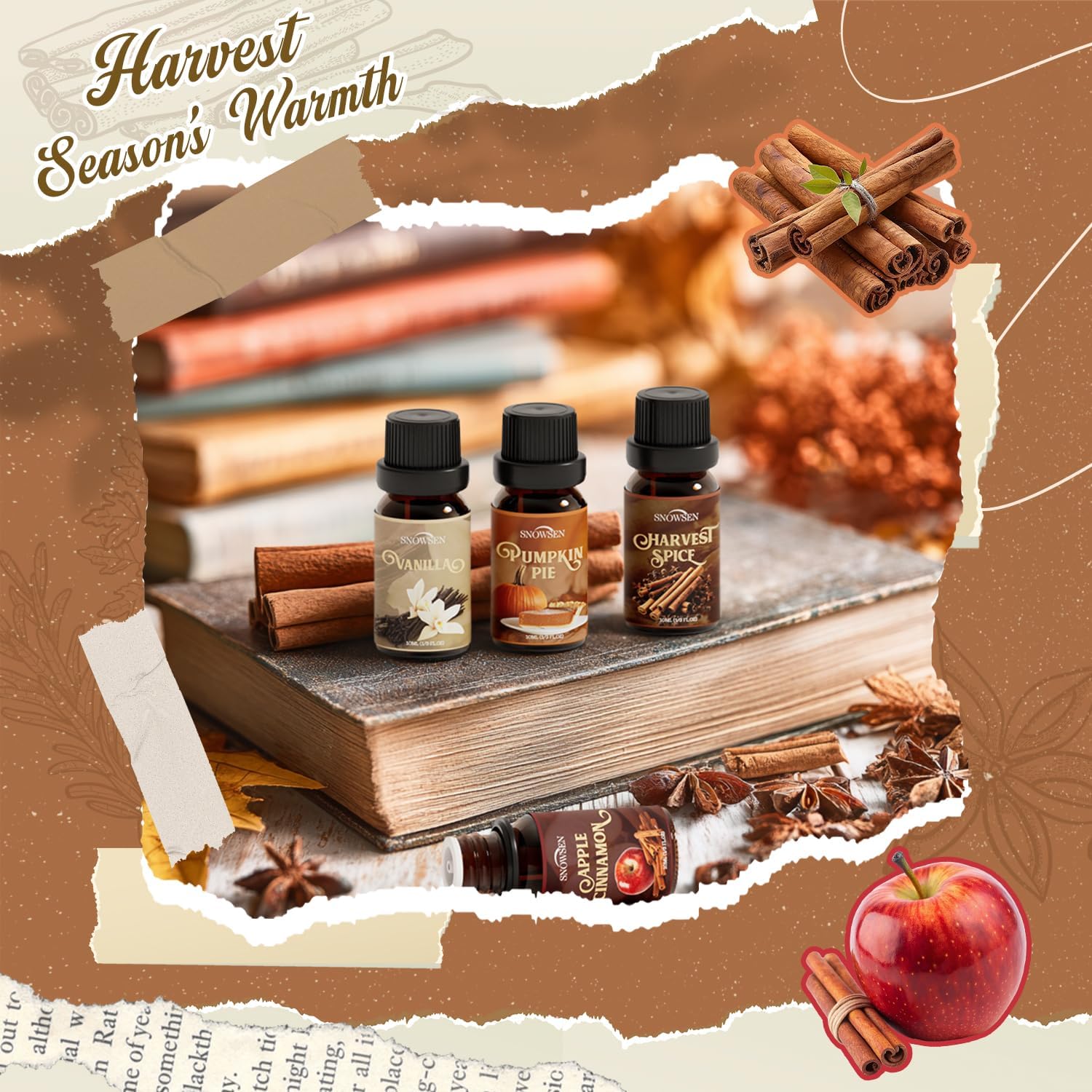Spice Essential Oils for Diffuser for Home, SNOWSEN Aromatherapy Oil Set - Apple Cinnamon, Pumpkin Pie, Gingerbread, Coffee, Vanilla, Harvest Spice, Autumn Fragrance Oils Gift Set - Image 4