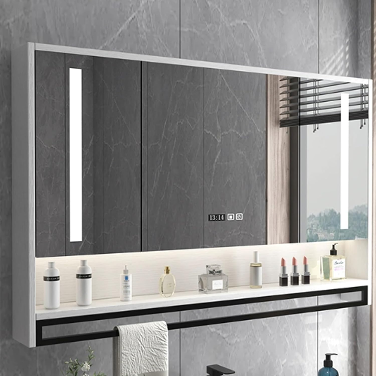 BKSXSOP Bathroom vanity mirror with storage,Wall Mounted Smart Medicine Cabinet LED Mirror,Medicine Defogger,LED Stepless Dimming Makeup Mirror,Time display
