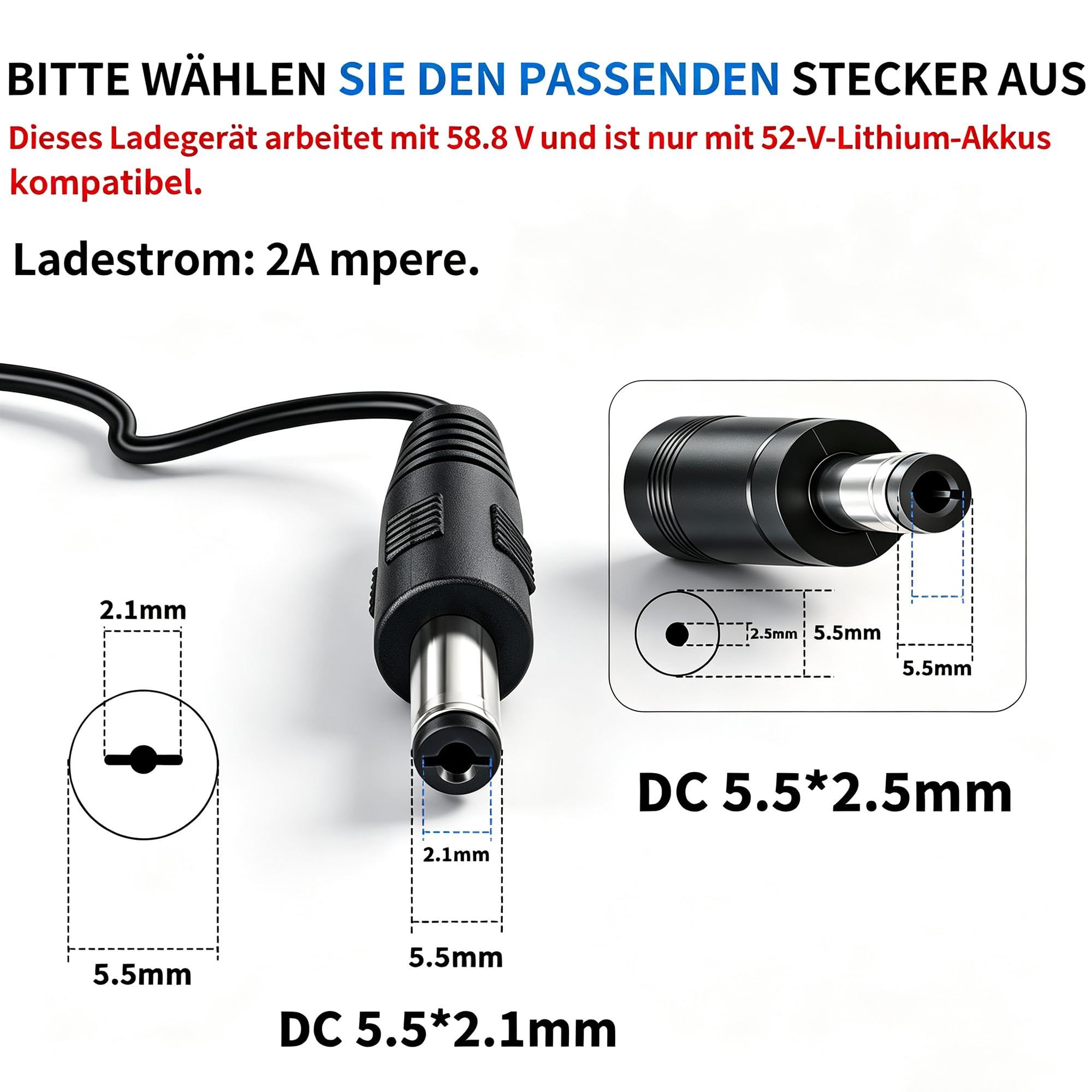 Chargeur de batterie au lithium 58,8 V 2 A adaptateur CA pour batteries 14S 52 V/51,8 V, avec indicateur de tension LED en temps réel, équipé d'une prise DC 5,5 × 2,1 mm (avec adaptateur 5,5 × 2,5 mm)