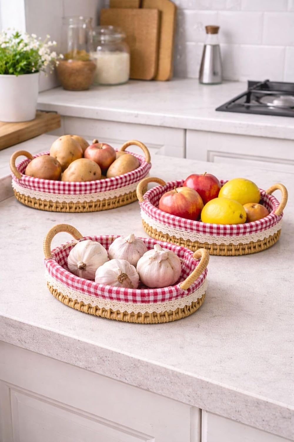 Serving Tray Set 3 Piece Wicker Breakfast Tray Oval Decorative Trays with Fabric Liner for Coffee Table Ottoman Kitchen - Beige