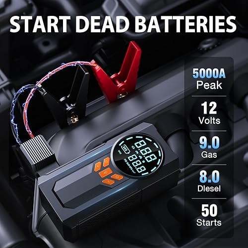 Miniatura 2 de Arrancador con compresor de aire, batería de 5000 A 160 PSI portátil (9.0 gas8.0L diesel), batería de coche de 12 V con cables de puente