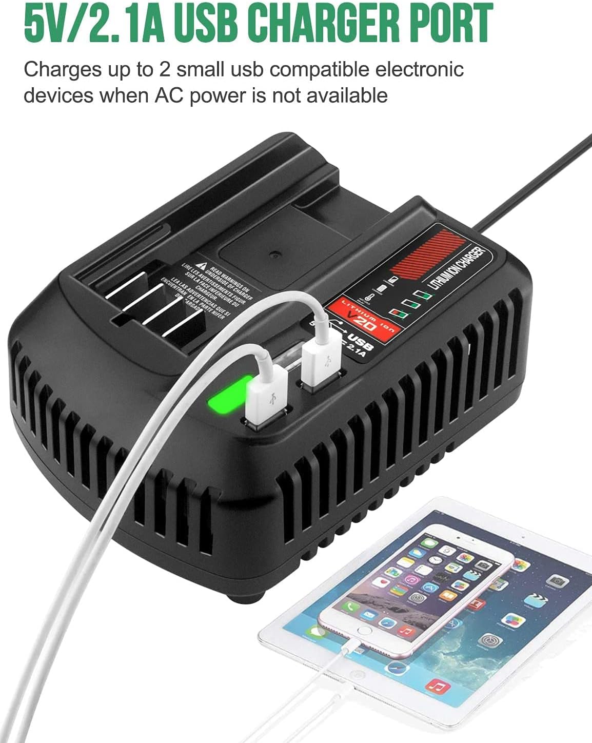 CMCB104 V20 Battery Fast Charger Replacement for Craftsman V20 Craftsman 20V max Lithium Compact Batteries Lithium Battery CMCB202 CMCB204 CMCB206 with 2 USB Ports - Image 6