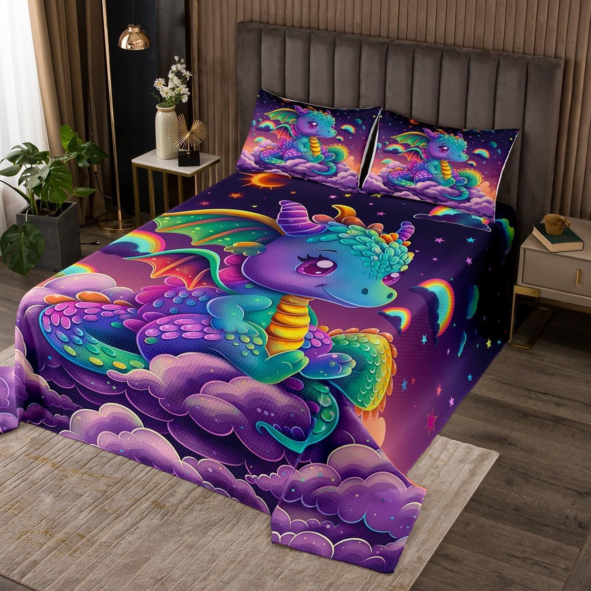 Rainbow Dragon Bedspread Set Queen Size for Kids,Boys Girls Purple Clouds Quilt Set Cute Dragon Bedspread Coverlet Colorful Stars Bedspread 3 Piece Decorative Bedding Quilted with 2 Pillow Shams