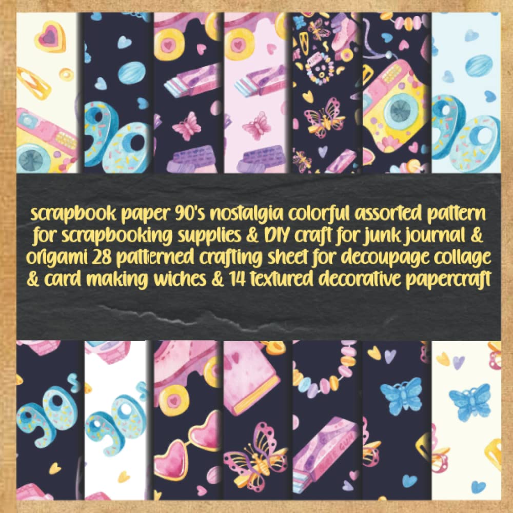scrapbook paper 90's nostalgia colorful assorted pattern for scrapbooking supplies & DIY craft for junk journal & origami 28 patterned crafting sheet ... wiches & 14 textured decorative papercraft