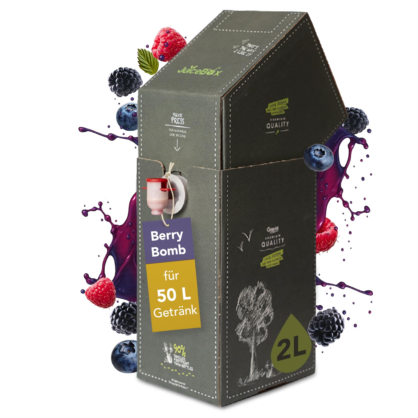 JuiceBox Sirup Light Berry Bomb – Zuckerfreier Getränkesirup zum Mischen mit Wasser – 2 L ergibt 50 L zuckerfreies Getränk – Vegan & Low Calorie