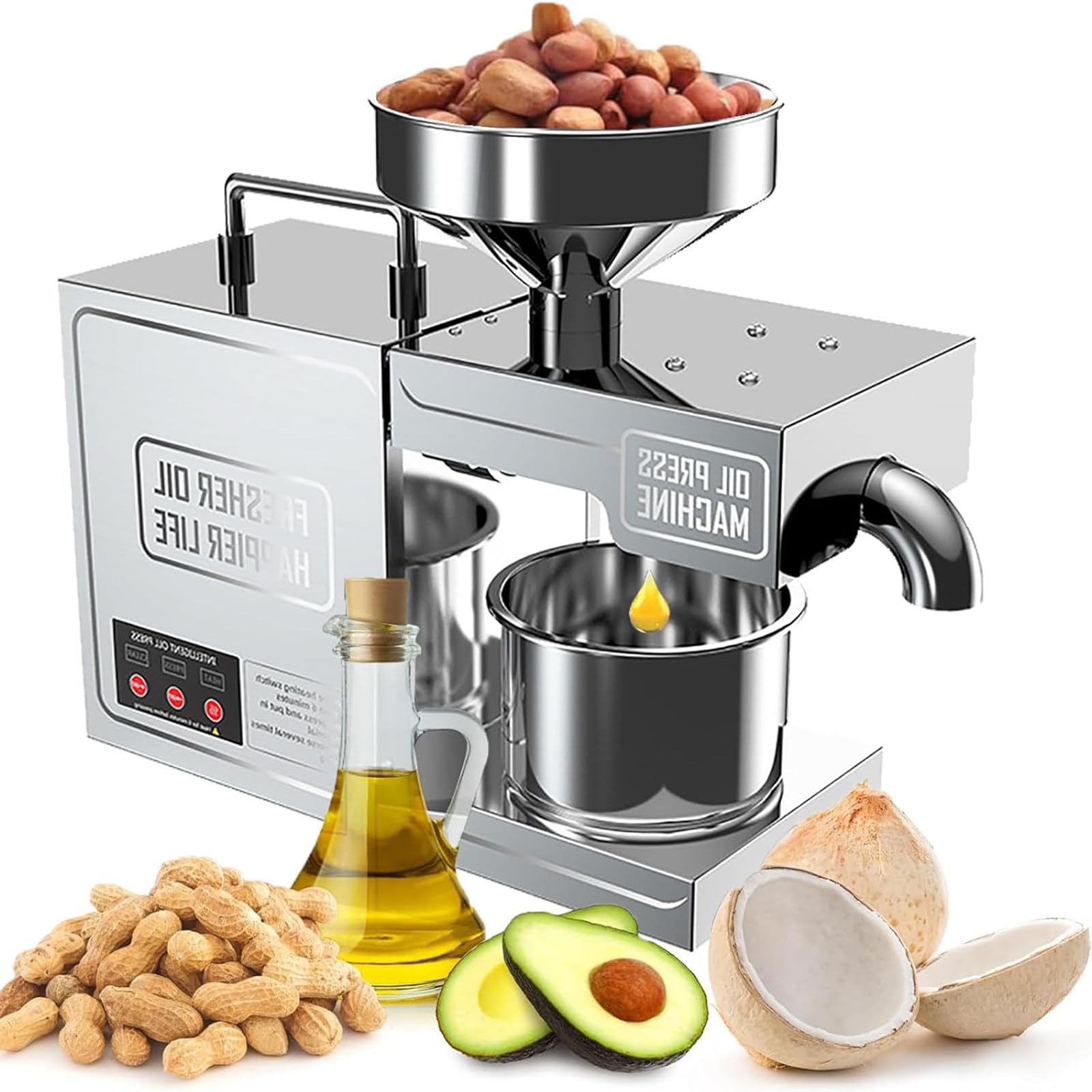 Ölpresse Maschine mit Smart-Panel und bürstenlosem Motor, automatische Kalt-/Heißpresse, 3–6 kg/h, Edelstahl-Ölabsaugung für Zuhause, Küche