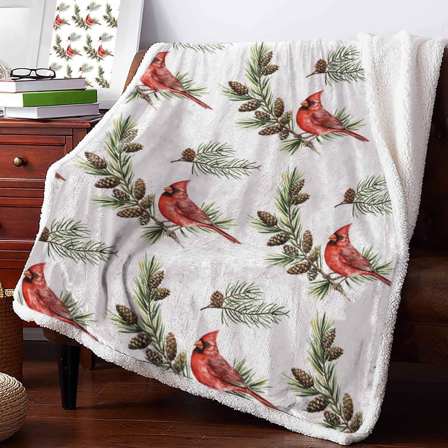 Cozy Sherpa Fleece Throw Blanket Cardinal Birds with Pine Cones Leaves Super Soft Plush Microfiber Throws, Christmas Warm Fuzzy Blankets for Bed Sofa Couch Decor