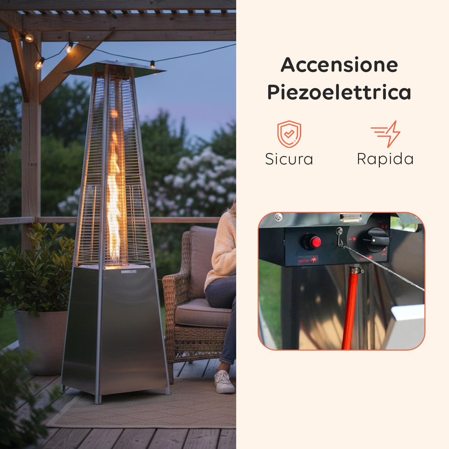 Avilia – Stufa Piramidale a Gas da Esterno Aura 12kW con Accensione Piezoelettrica e Termostato Regolabile per Terrazze e Giardini, Funzionamento con Bombola GPL o Butano, Design Moderno - Grigia