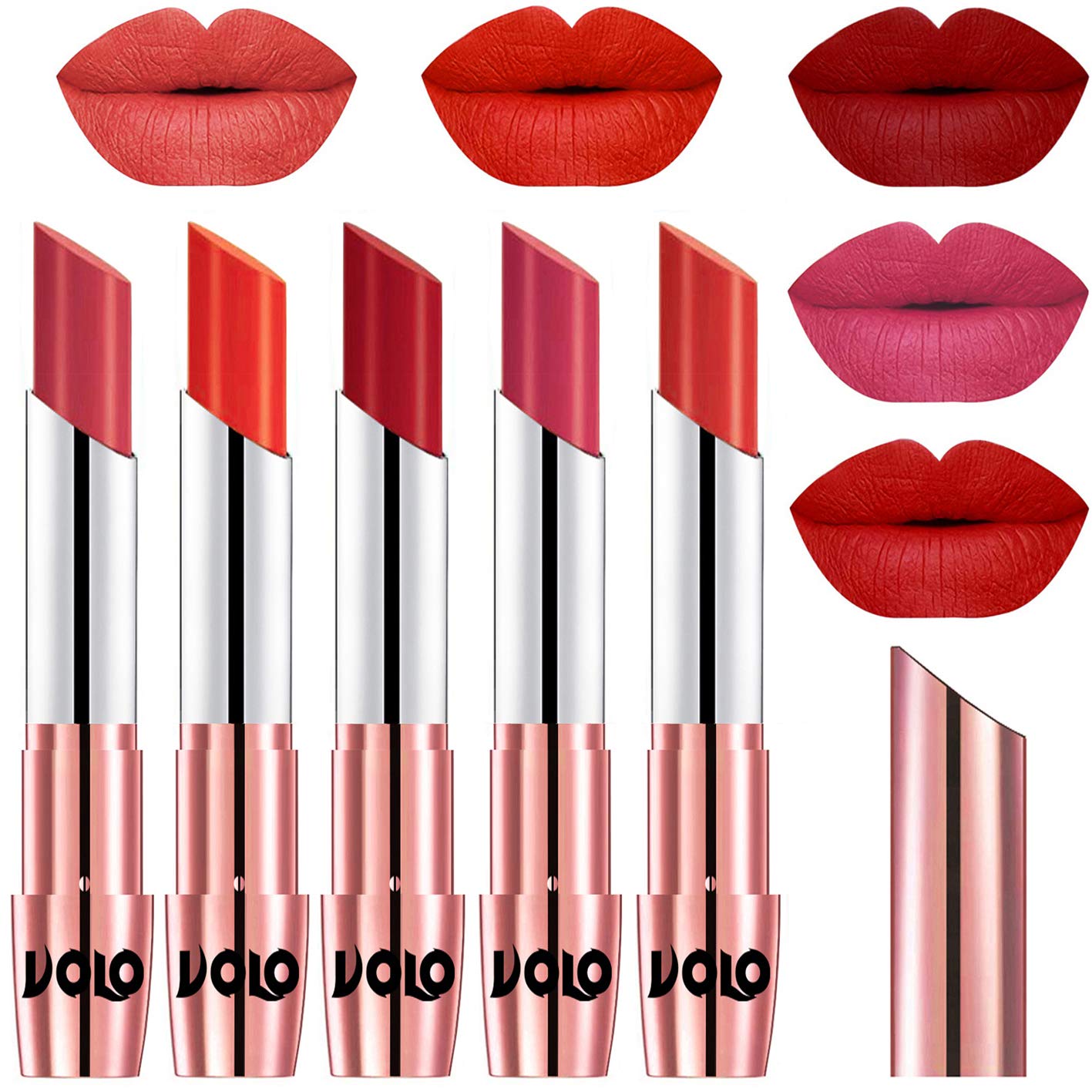 Volo Creme Matte Smooth Lipstick Combo Set of 5 Bold Colors Long Lasting(Peach, Coral, Tomato Red, Pink, Orange 17.5 g)-image-18