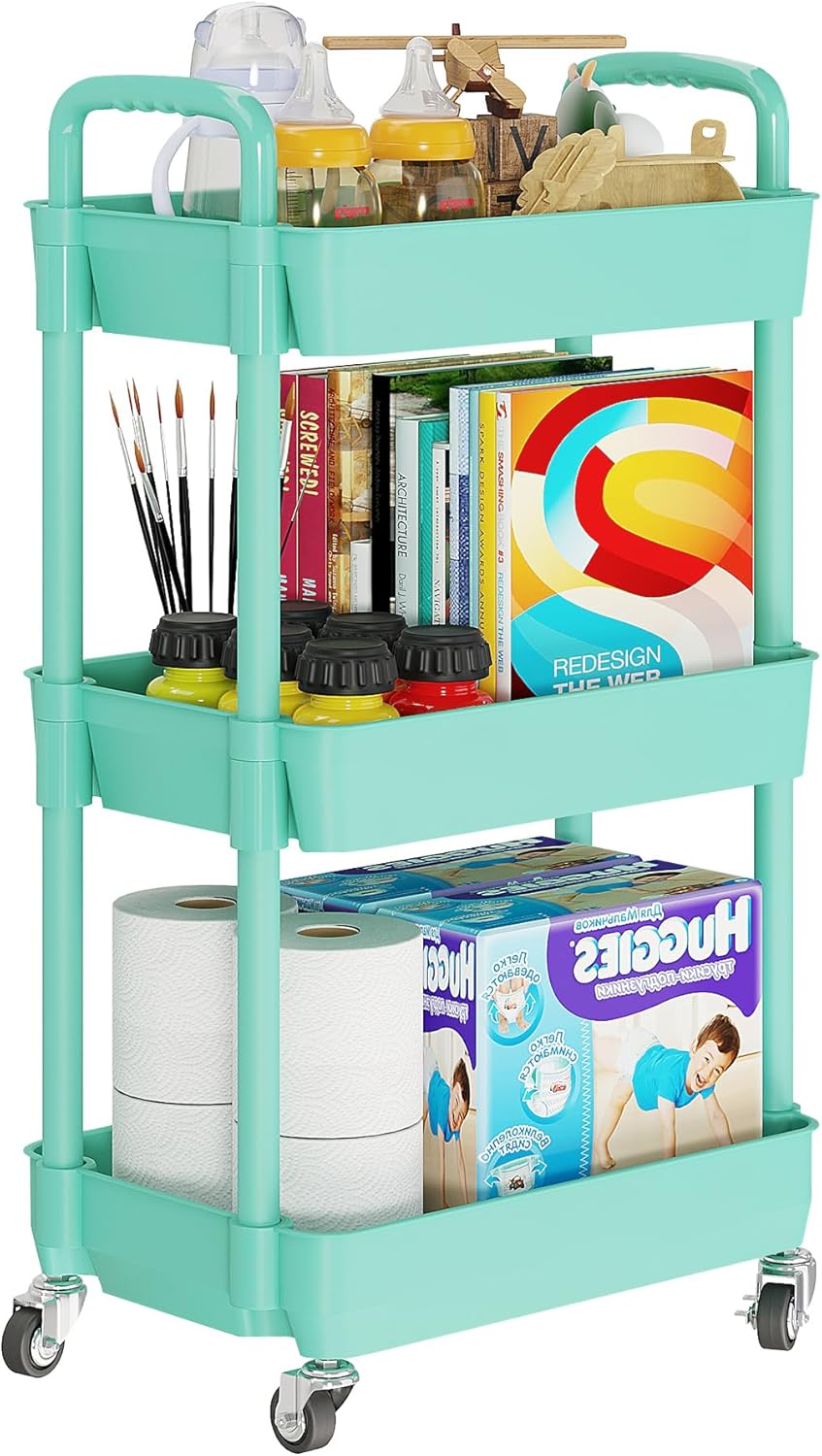 Laiensia 3-Tier Rolling Cart with Wheels,Multifunction Utility Storage Carts, Kitchen Storage Organizer,Mobile Shelving Unit for Bathroom,Laundry,with Classified Stickers,Green 3-Tier Green
