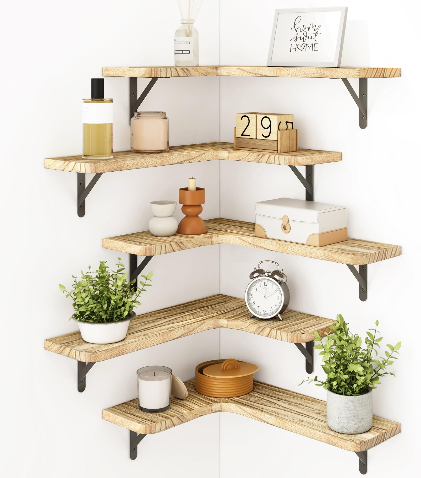 Fixwal Conner Shelves Wall Mounted for Decor, Carbonized Black 5pcs | Solid wood shelf with metal brackets, holds 40 lbs. Optimizes corner storage. Fits bathroom, kitchen, bedroom & living room.