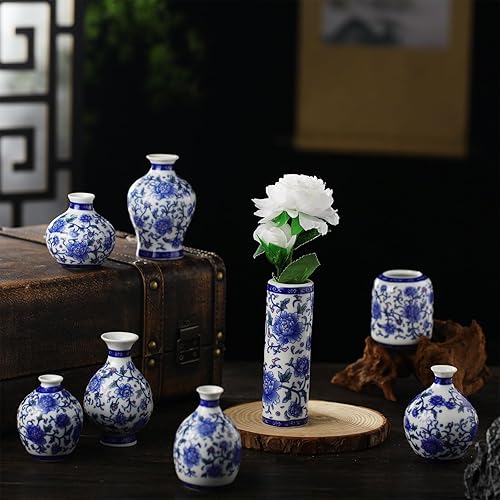 Miniatura 6 de Dandat Juego de 8 jarrones de porcelana china de cerámica azul y blanco floral chino para estantes, centros de mesa, centros de mesa, decoración del