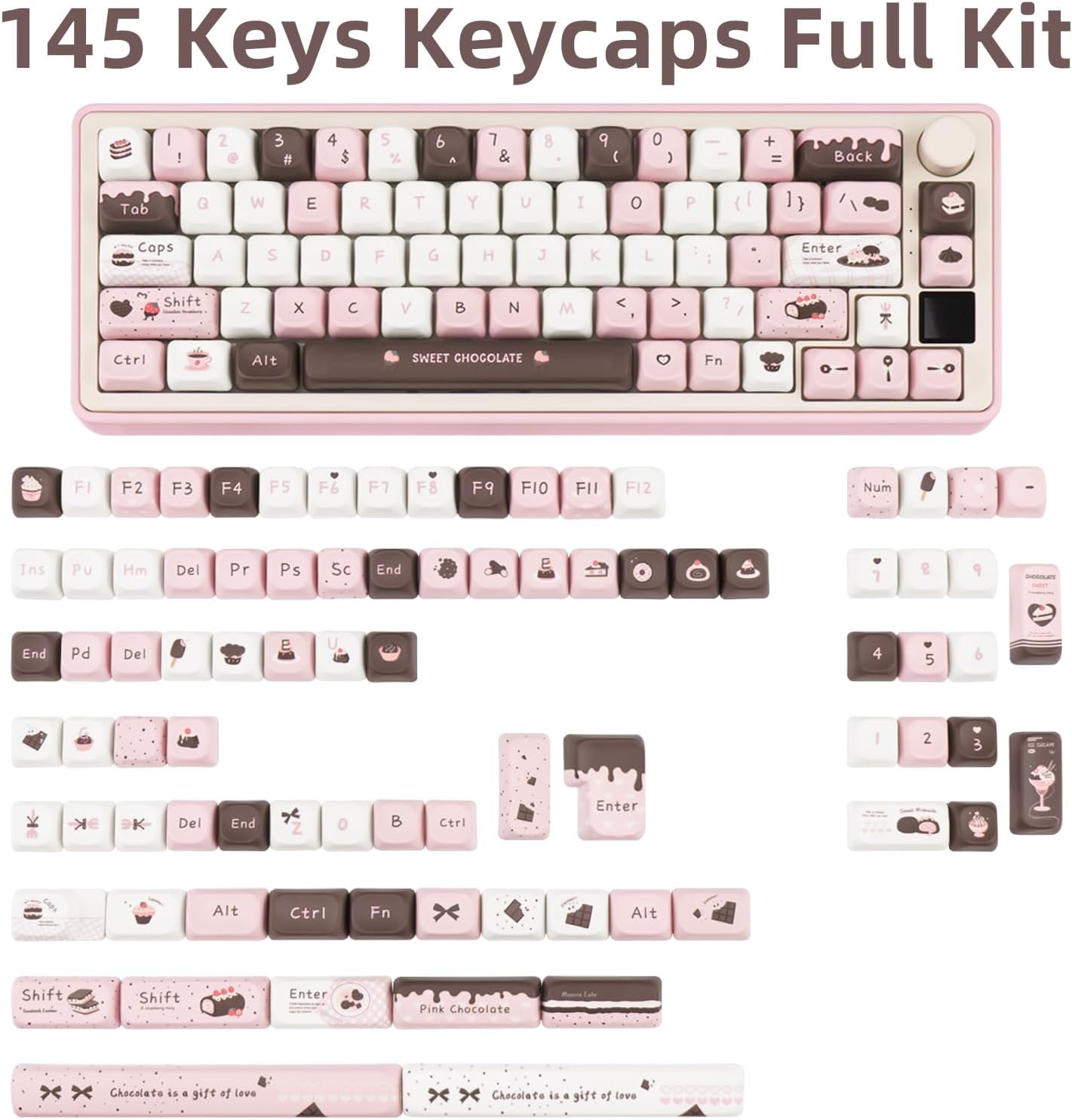 PBT Keycaps 145 Keys, Dye Sublimation PBT Custom Keycap Set, Pink Chocolate Keycaps, Cute Key Cap FOA Profile Keyboard Keycap Set for Cherry Gateron MX Switches Mechanical Keyboard