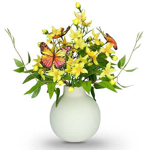 HOSY Artificial Freesia Bouquet in Ivory Ceramic Vase, Silk Flower