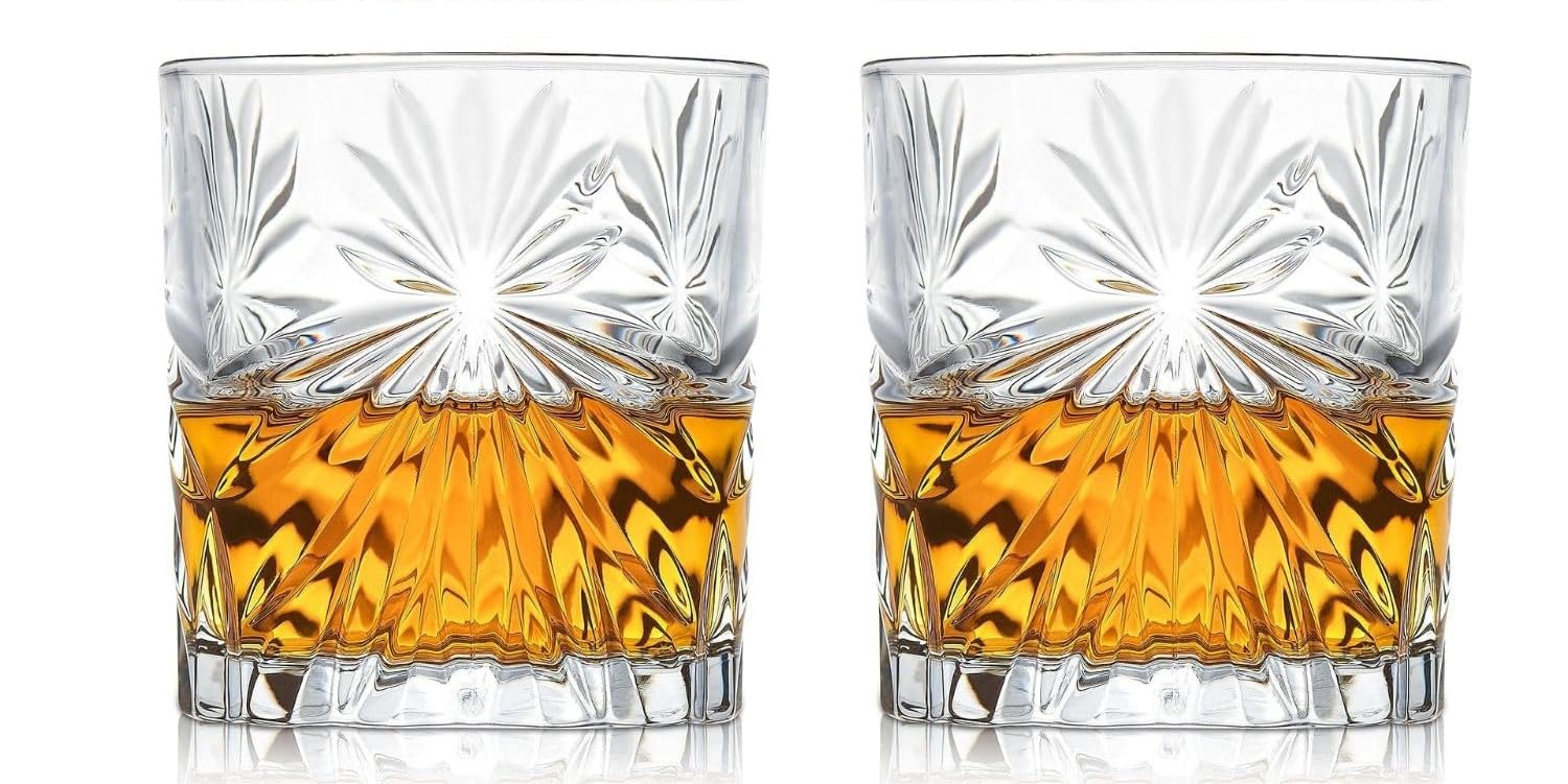 Sun Flower Whiskey Glass 285 ML, Set of 2 Crystal Cut Barware Drinking Glasses for Brandy Glasss, Bourbon, Liquor, Wine, Cocktail Drink, Vintage Fashioned Cocktail Tumblers