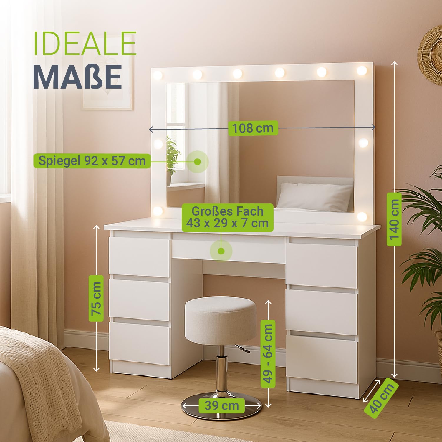 Juskys Schminktisch Lilia mit LED-Spiegel & Hocker Tonia, individuelle Lichteinstellung, 7 Schubladen, viel Stauraum, modernes Design, kompakt & pflegeleicht — Weiß