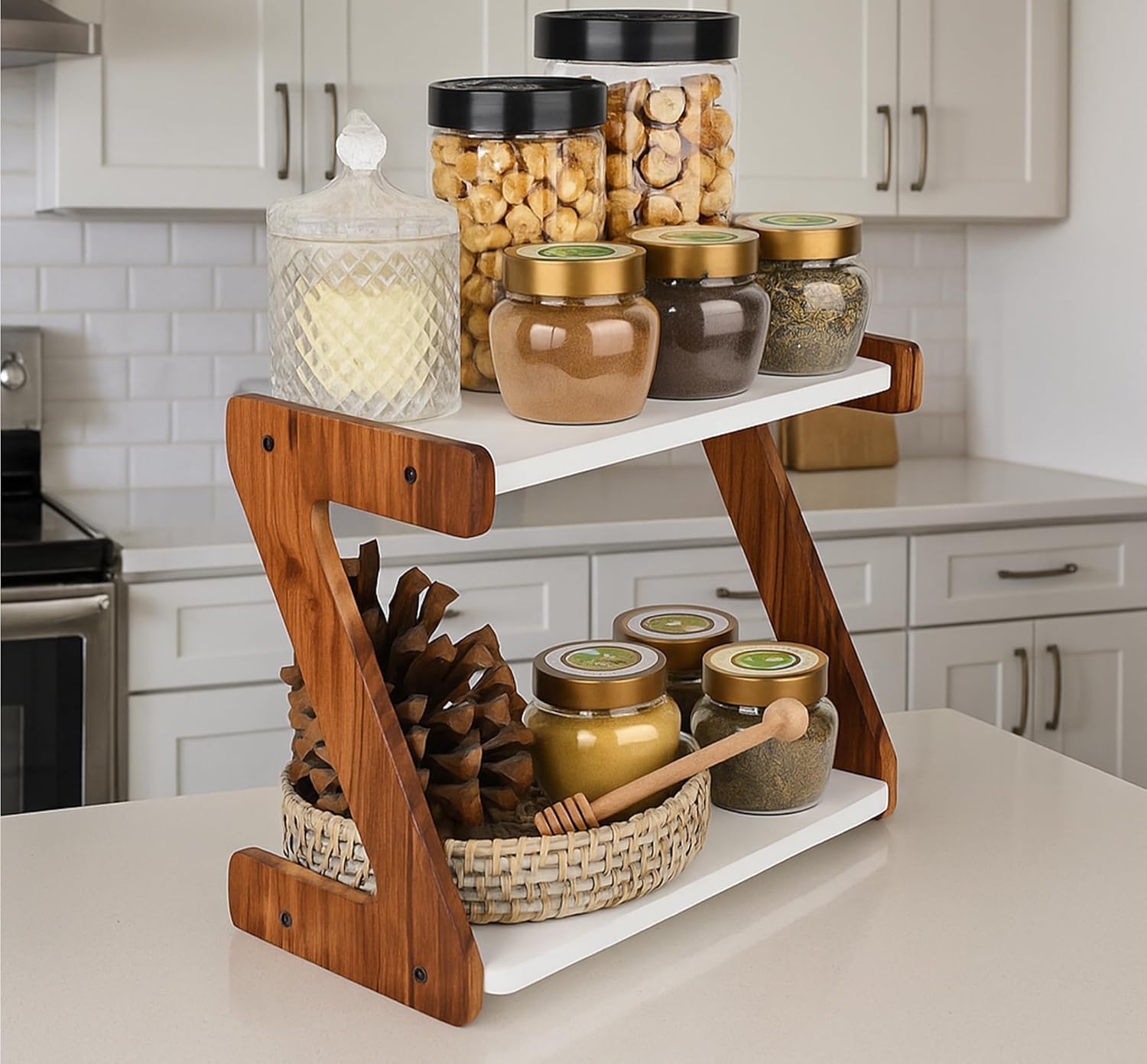 Kitchen Organiser Rack Stand with 2 Tier Storage Z Shape Shelf Compact Shelf for Jars, Utensils & Kitchen Essentials, Space Saving Counter Organizer-image-19