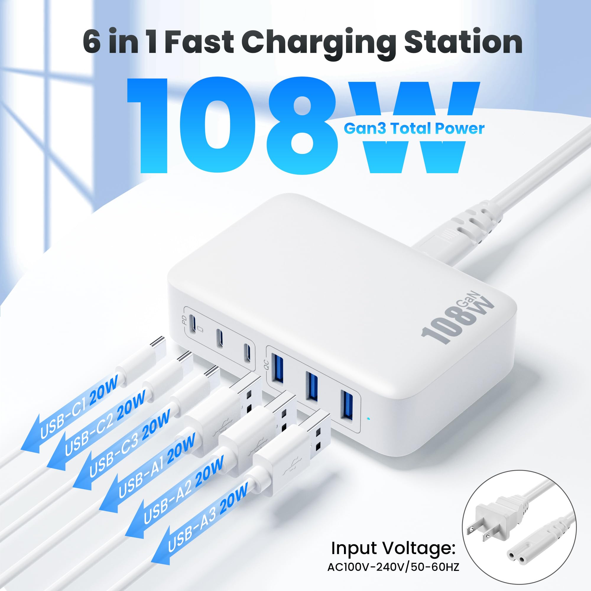 USB C Charger Block Charging Station,108W GaN III 6 Port 3xQC+3xPD Wall Charger Adapter Plug Cube,Super Fast Type C Charging Hub Box for iPhone 16 15 14 13 12 Pro Max iPad Samsung Pixel 5ft Cord-White