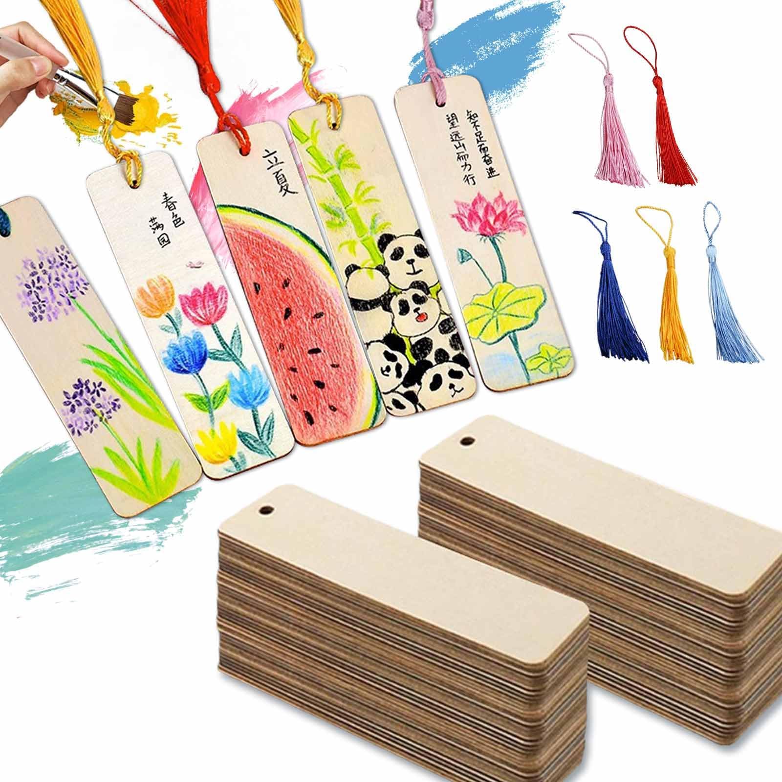 50 Piezas Marcapáginas Rectangulares de Madera Con Agujeros,Traer Borlas de Flecos 50,Etiqueta de Puntos de Libro de Madera de Bricolaje, Puede Pintar,Crea Tus Propios Marcapáginas