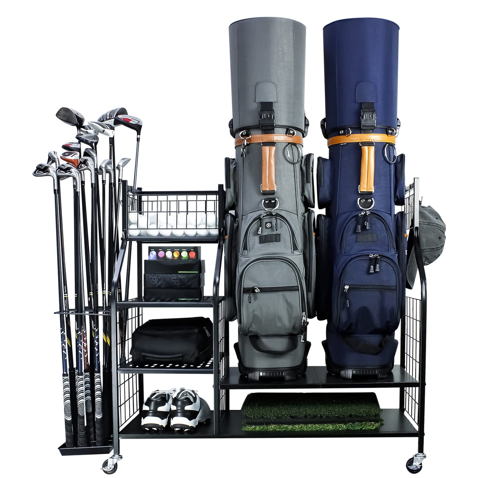 Golf Bags Storage Organizer fit for 2 Sports Bag,Golf Organizer for Golf Equipment and Accessories,Extra Large Size Golf Storage Rack with Lockable Wheels