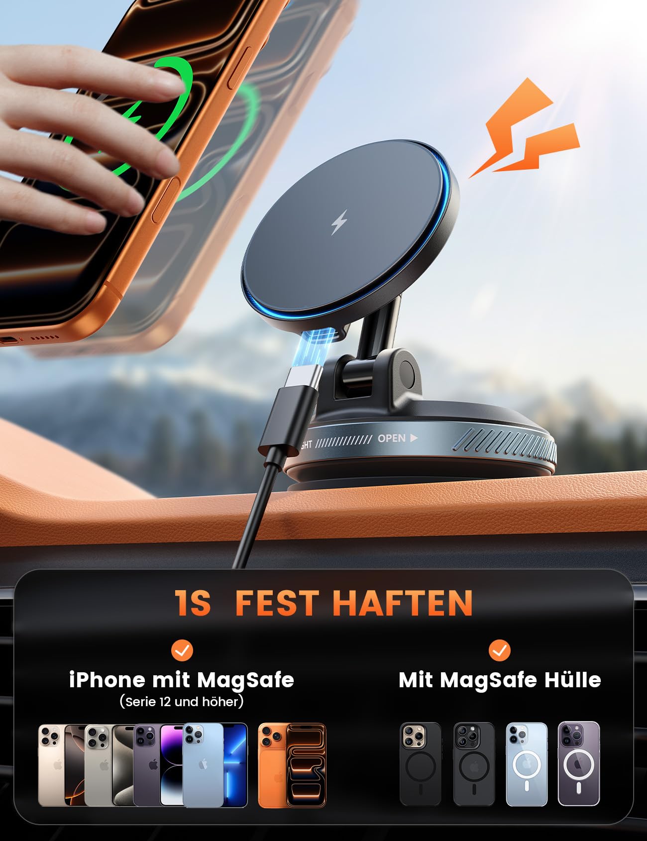 Lamicall 15W für MagSafe Autohalterung mit Ladefunktion - [TOP Vakuum] Magnetische Handyhalterung Auto Saugnapf für Armaturenbrett & Windschutzscheibe, Magnet Handy Halterung Auto Ladegrät für iPhone