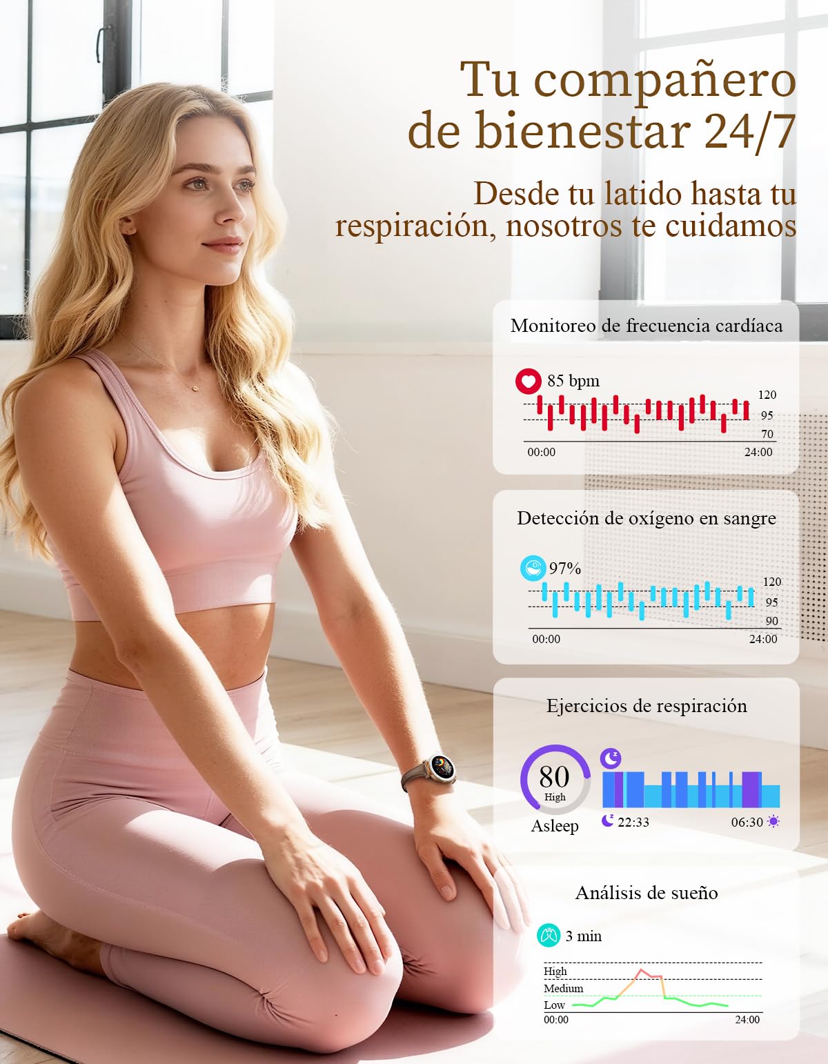 Reloj Inteligente Mujer - Elegante Pequeño, Pantalla AMOLED 1,19'' Smartwatch con Correa de Cuero, Podómetro, Pulsómetro, Sueño, IP68 Pulsera Actividad para Android iOS, Oro Rosa/Marrón