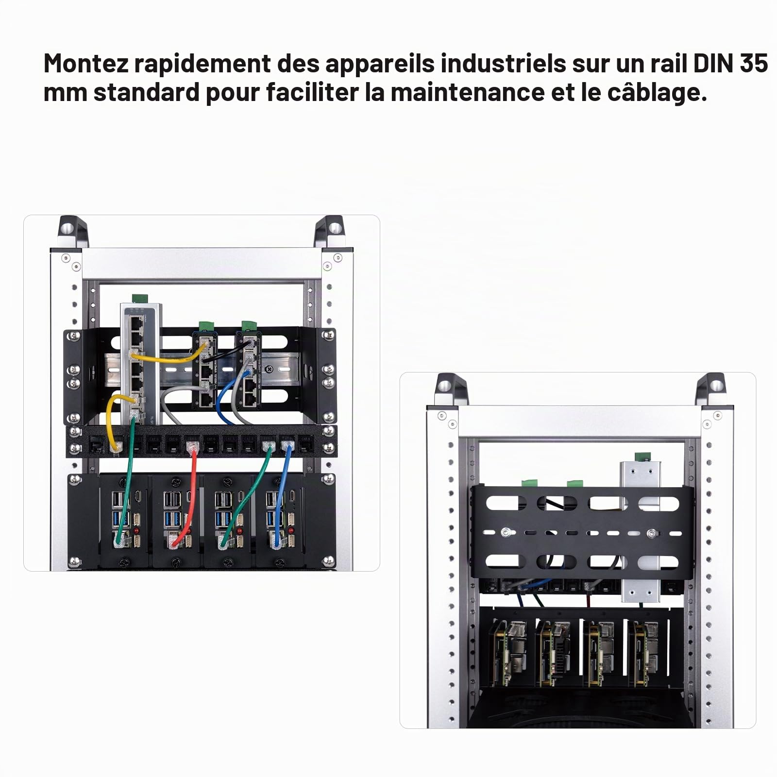 GeeekPi Support de montage sur rail DIN à profondeur réglable 2U de 10 pouces pour DeskPi RackMate T1/T0/T2/T0 Plus/T1 Plus, compatible avec les appareils de réseau industriel de 35 mm et armoire