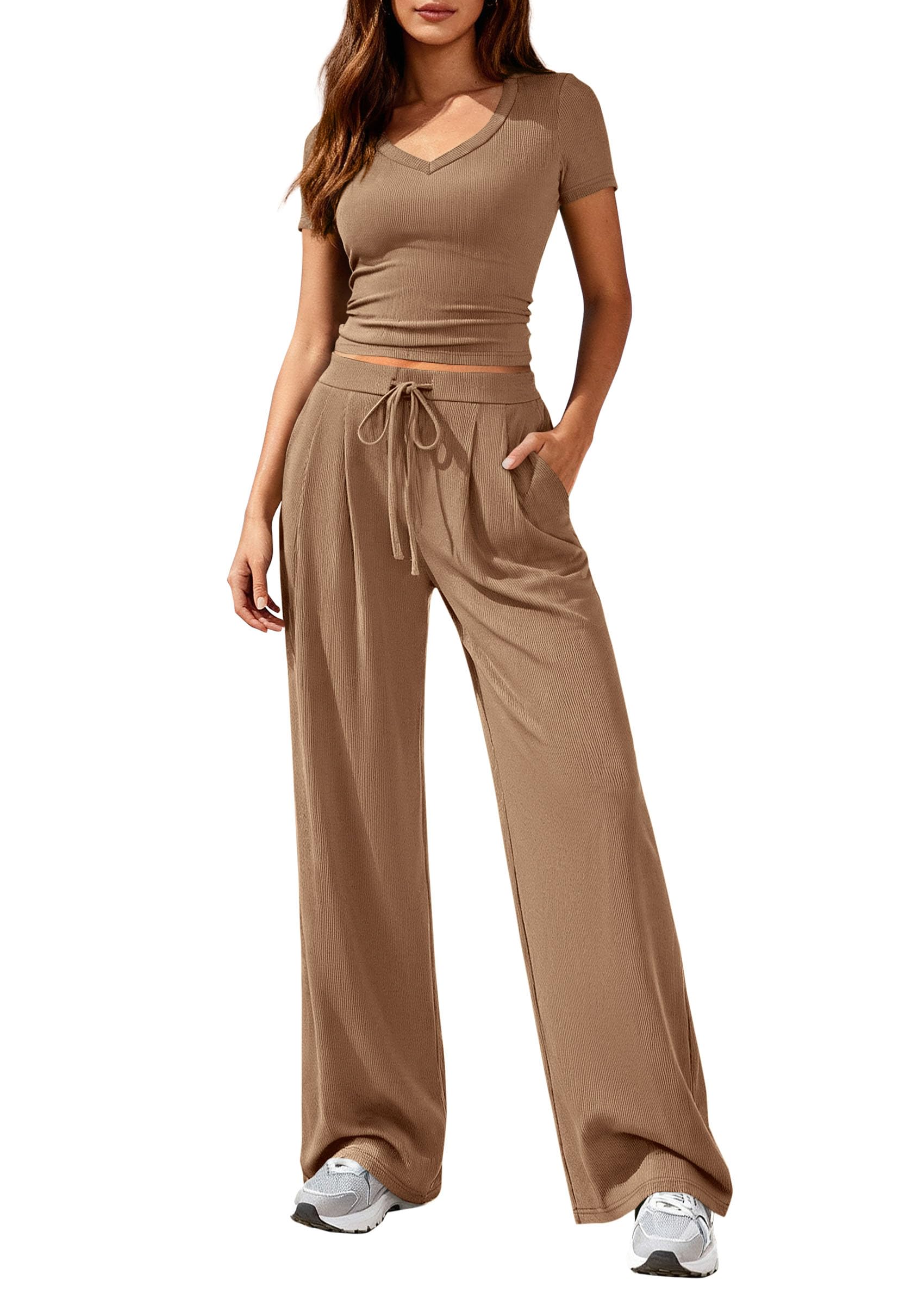 PRETTYGARDEN 2 Piece Sets for Women Summer 2026 Spring Lounge Set Matching V Neck Tops Wide Leg Pants