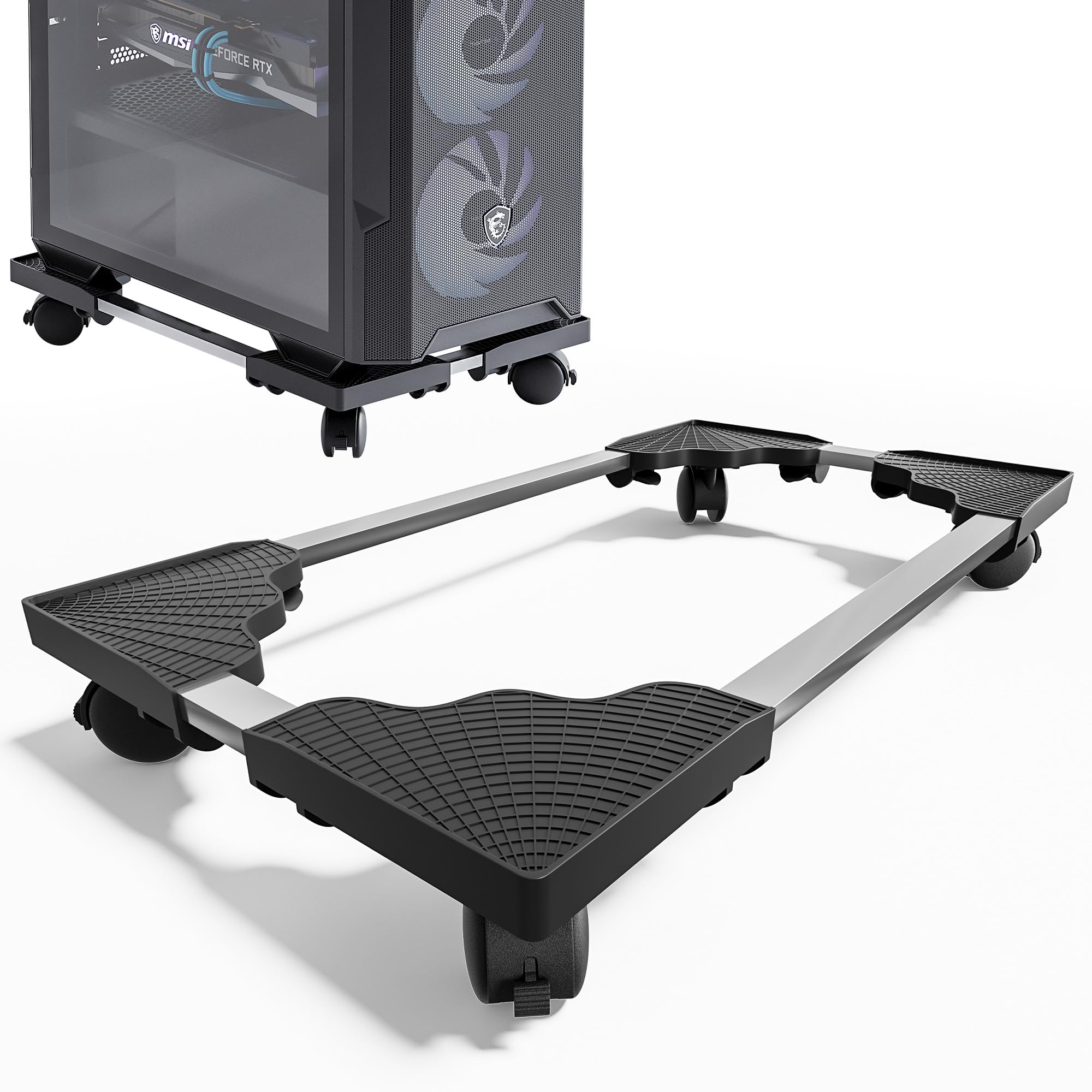 CPUスタンド キャスター付き デスクトップPC 置き台 掃除しやすい 耐荷重75kg 幅25-37cm×長さ43-57cm無段階調整 ロック付き 静音キャスター 通気設計 タワーケース対応 ブラック