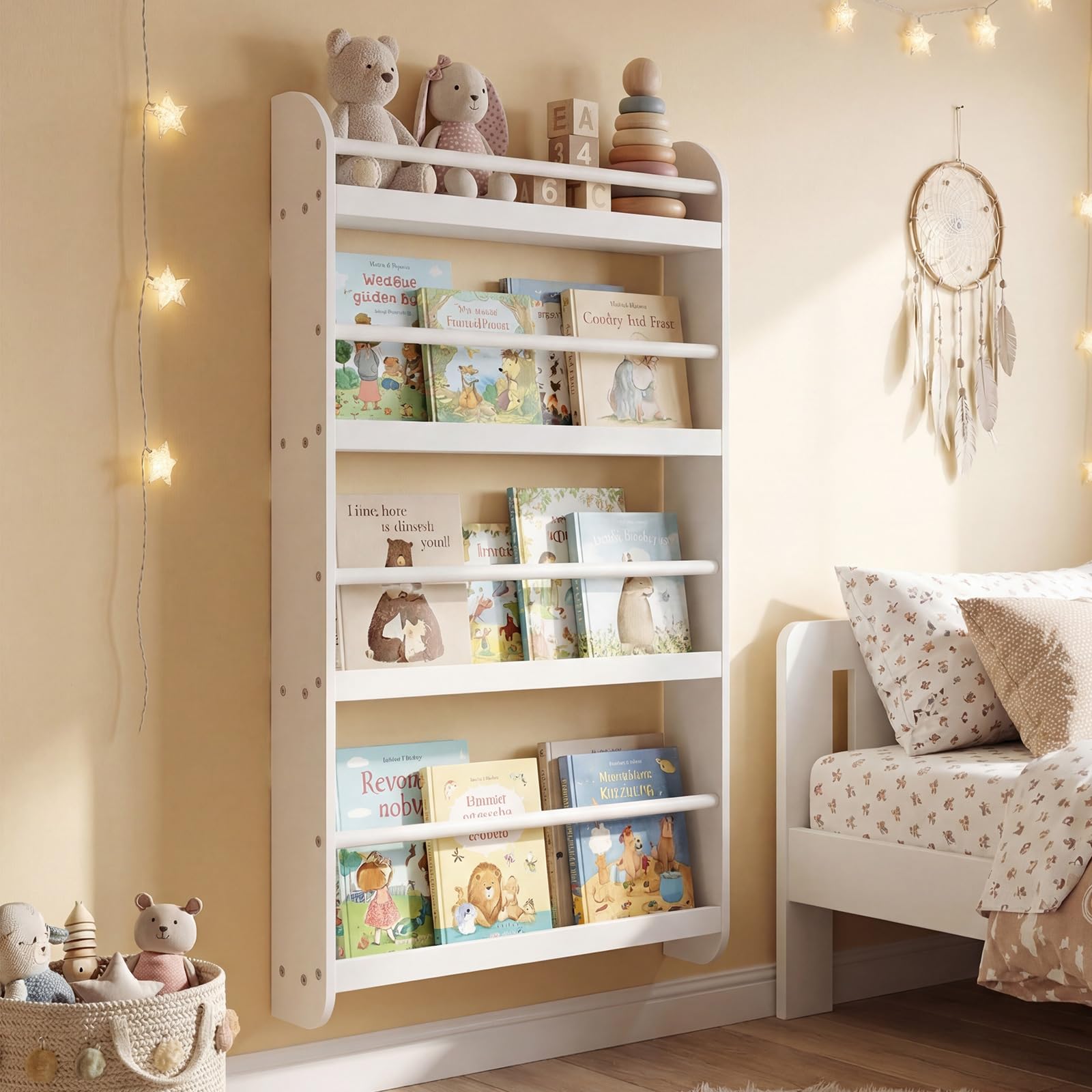 COSTWAY Bücherregal für Kinder, Kinderregal mit 4 Ablagen, Wandregal aus Holz für Spielzeug & Bücher, schmales Montessori Aufbewahrungsregal für Kinderzimmer, Leseecke, 56 x 12 x 107 cm (Weiß)