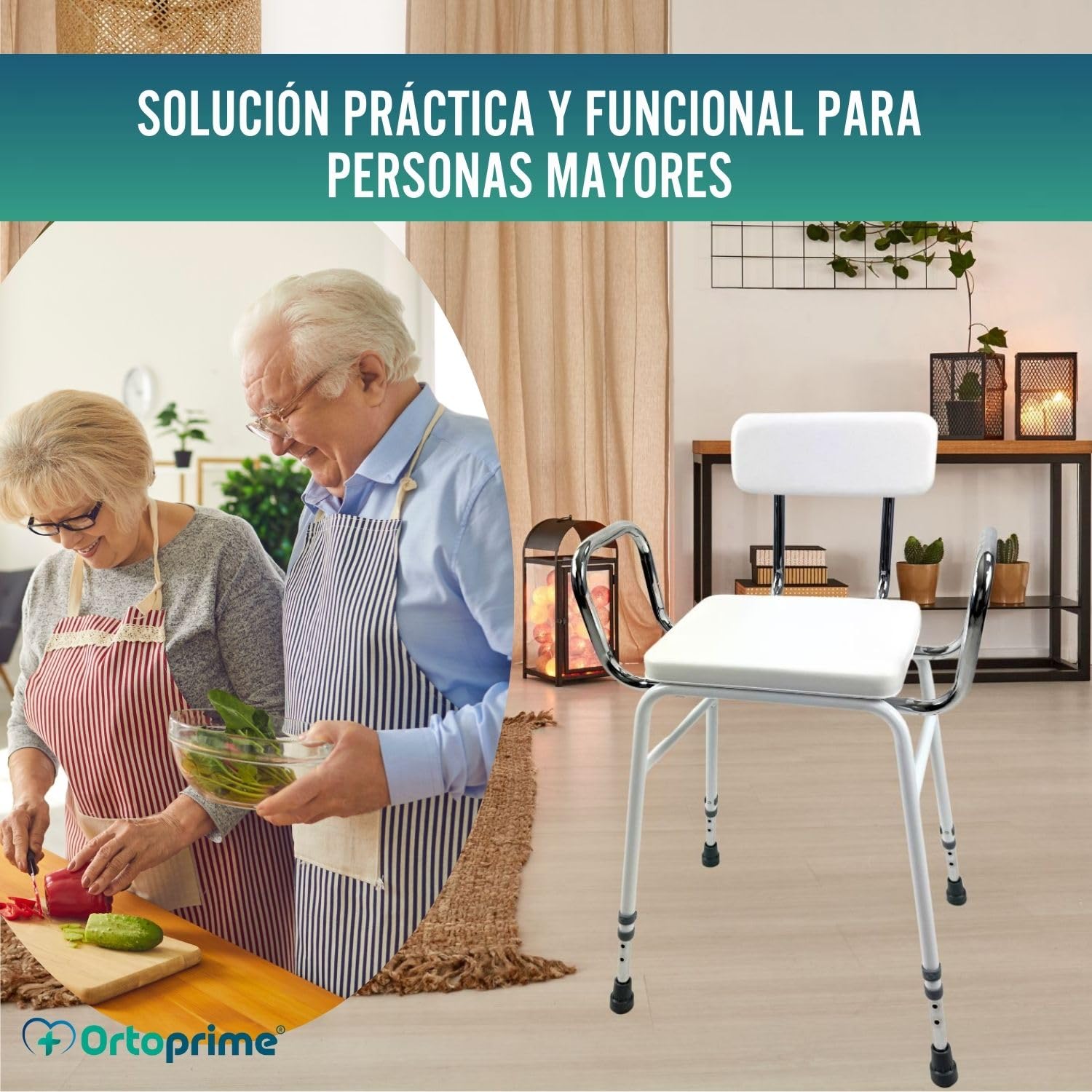 OrtoPrime Taburetes Altos de Cocina TAREAS HOGAR Silla Alta para Cocinar Regulable Silla de Apoyo con Reposabrazos - Silla Alta Ortopédica Ancianos - Taburete Cocina Alto con Respaldo Acolchado