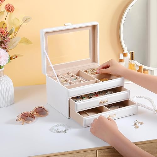 Miniatura 6 de Souroyea Organizador de joyas de 3 capas, organizador de joyas con tapa de vidrio, joyero con organizador de aretes, 2 cajones, cajas de joyería y