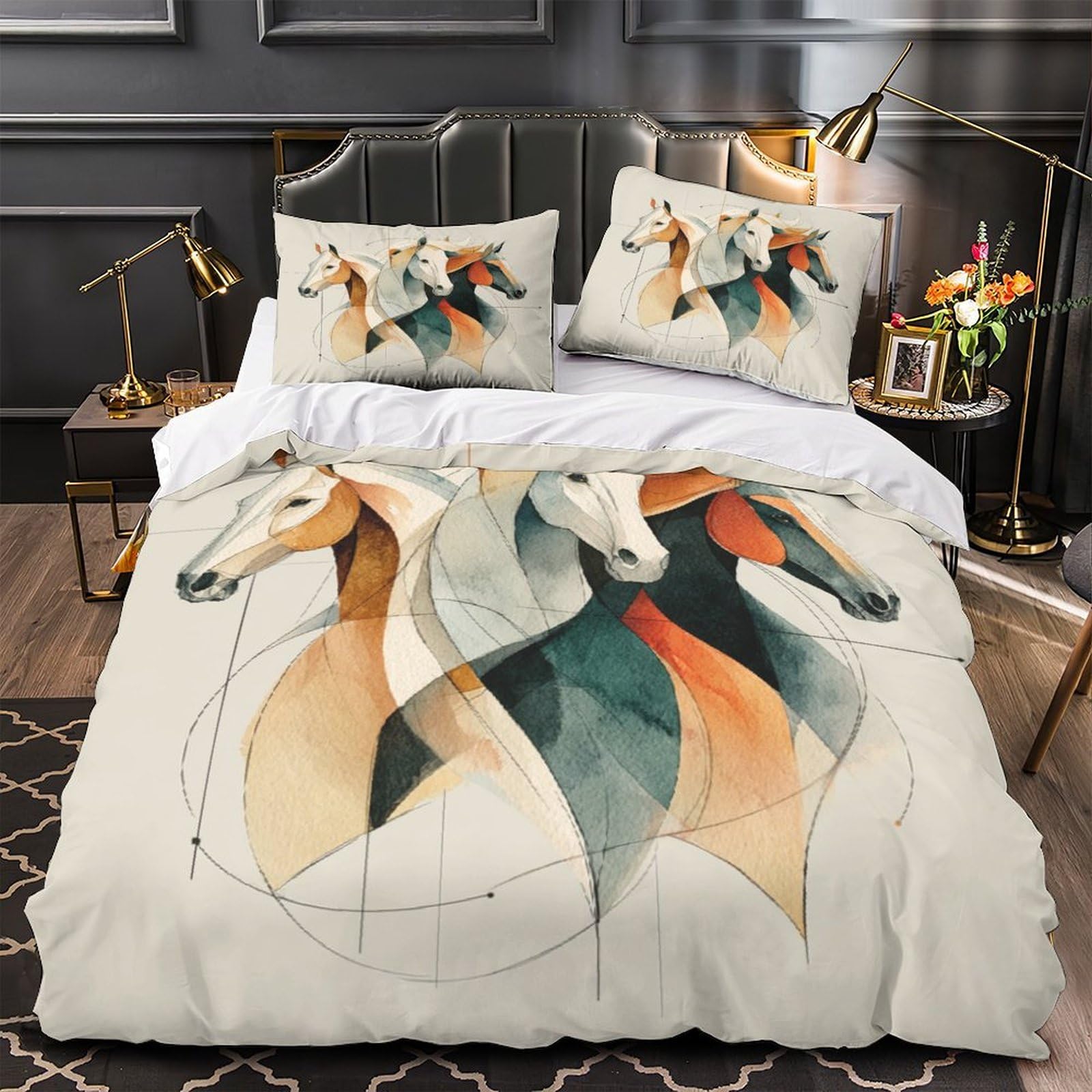 Drap de couette cheval 3D imprimé microfibre léger lavable machine taie d'oreiller 260x220