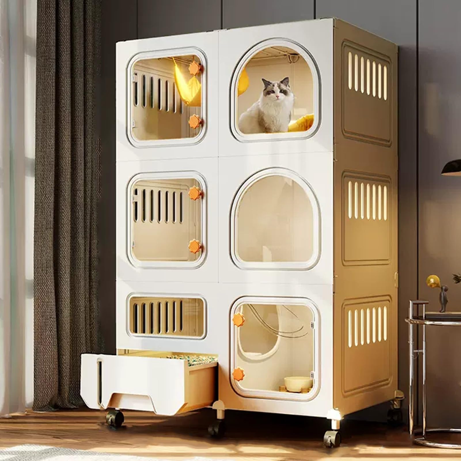 DIY Cat Cage with Wheels, Collapsible Kennel - White, Large 2/3 Tier Playpen with Litter Box & Detachable Metal Wire Crate, Exercise Place