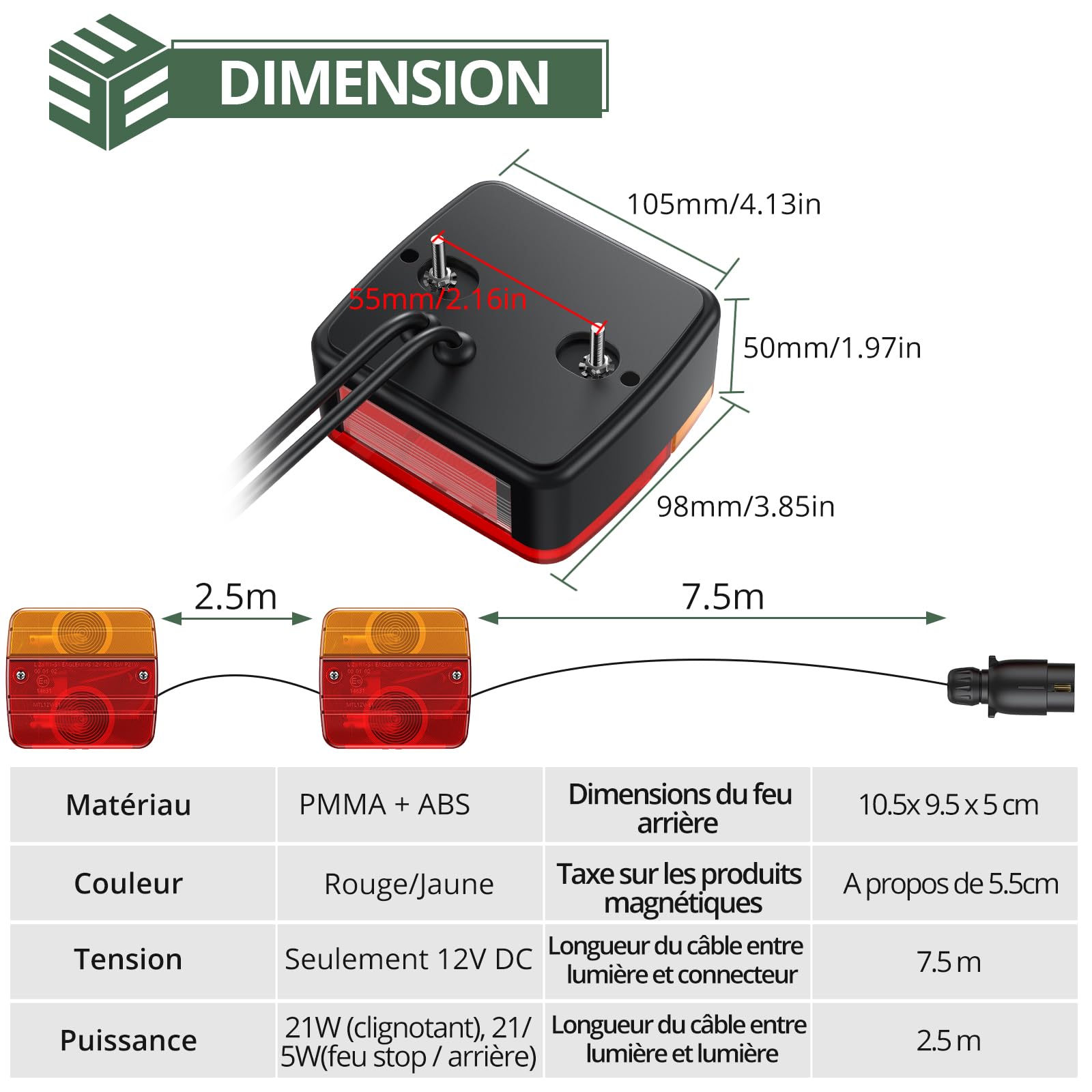 EYPINS - 2x Feux Remorque 7,5m Câble 7 Broches 12V Homologué ECE IP65 Étanche pour Voitures Camions Caravanes Bateaux Camionnettes Feux Arrière d'Éclairage