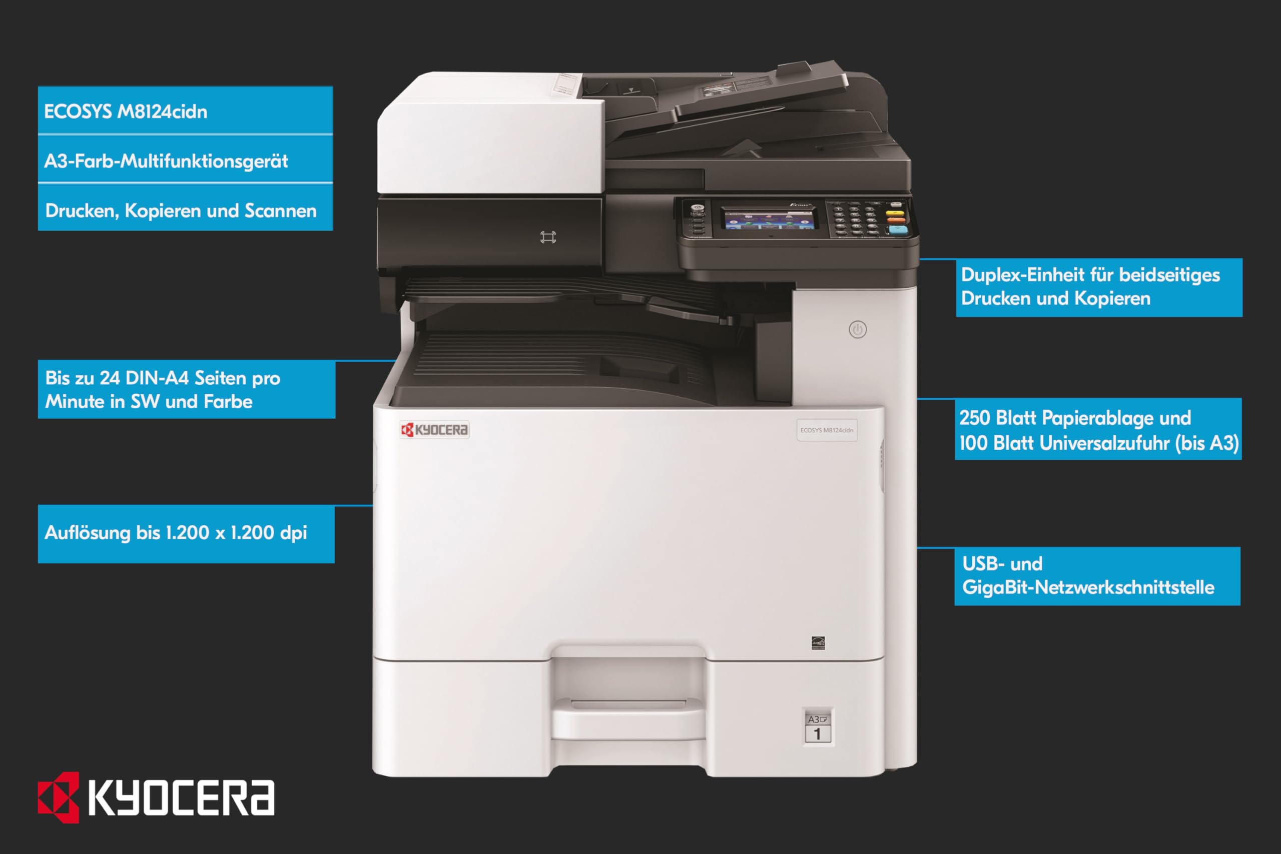 Kyocera Ecosys M8124cidn Farblaserdrucker Multifunktionsgerät: Drucker Scanner Kopierer, 24 Seiten pro Minute. Din A3 Drucker inkl. Mobile-Print-Unterstützung für Smartphone und Tablet