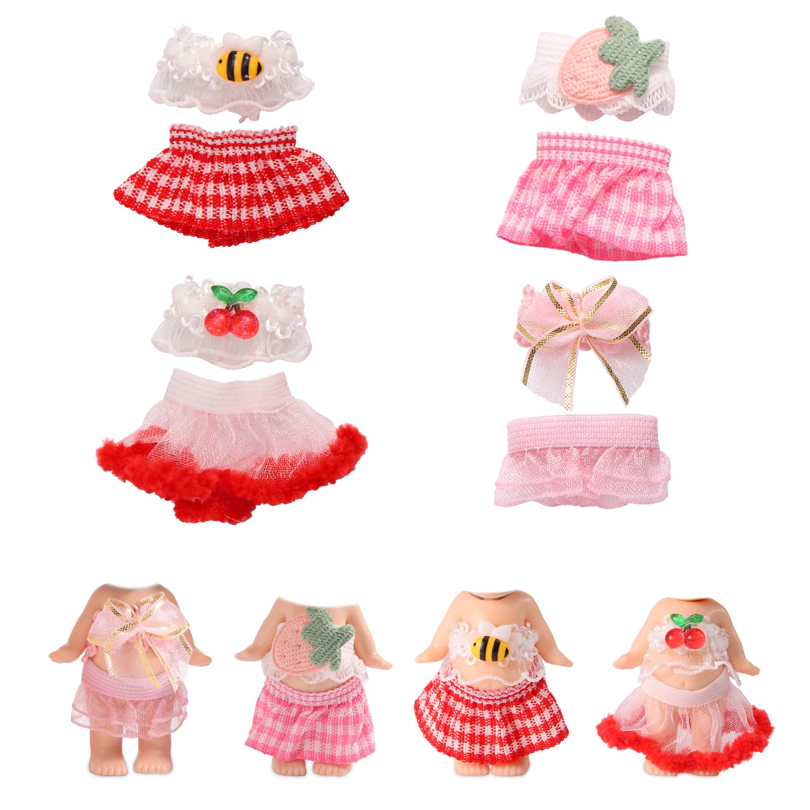 Goktvai 4 Sets 3 Inch Doll Clothes for Sonny Angel Cute Collectible Doll Outfit Accessories Include Tops & Skirts for Adult Collector Gift Decoration & Display (Cherry
