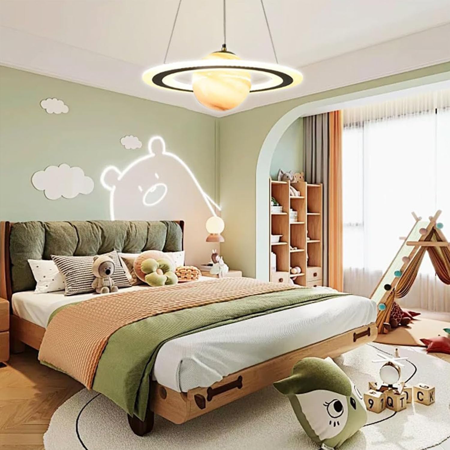 Lampadario Sospensione Bambini - Plafoniera LED Moderna a Forma di Pianeta, 45W Dimmerabile con Telecomando, Design Creativo Spaziale per Cameretta, Nursery e Area Giochi (Arancione, 55cm)