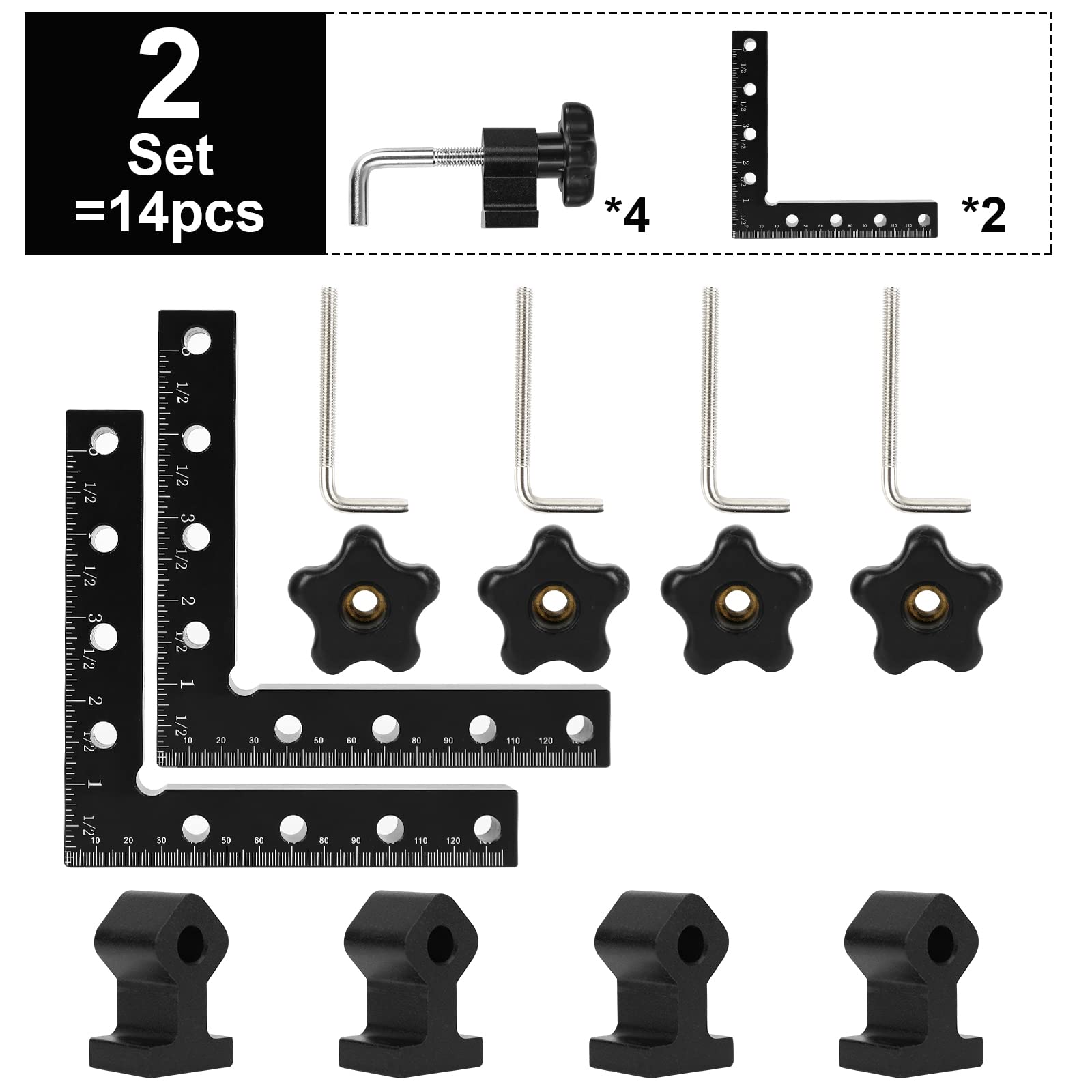 Cuadrados de Posicionamiento de 90 Grados 2 piezas,CEIEVER Aluminio Abrazaderas de Angulo Recto con 4 clips herramienta de carpintería para sujetar cajas marcos de fotos,140 * 140mm (3)