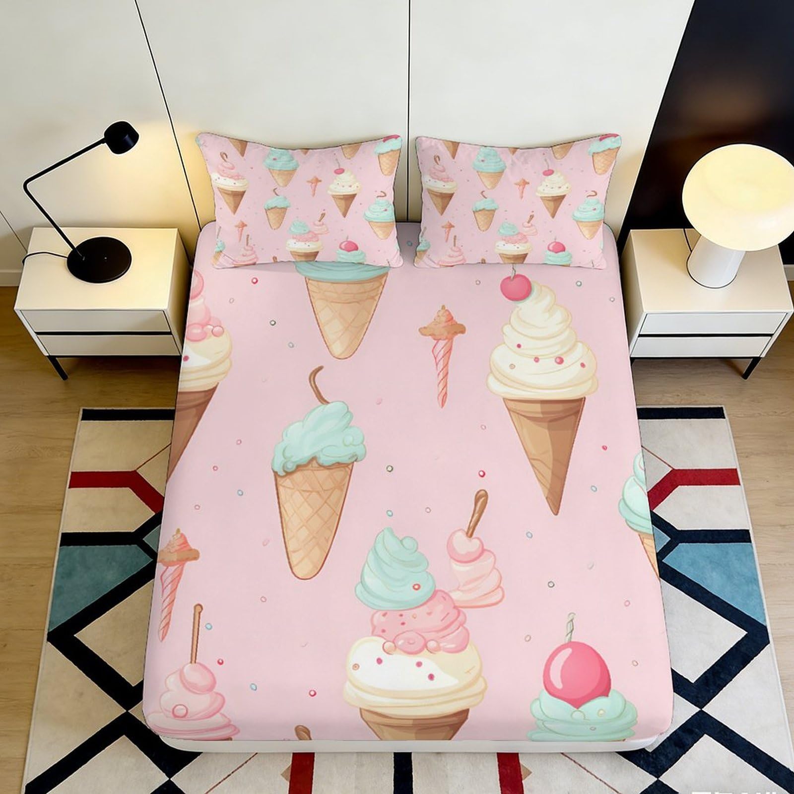 3D Printed Ice Cream Cone Fitted Sheet Microfiber Soft Pink Dessert Bed Cover for Bedroom Dorm Mattress Protection Decor 180x200x25cm