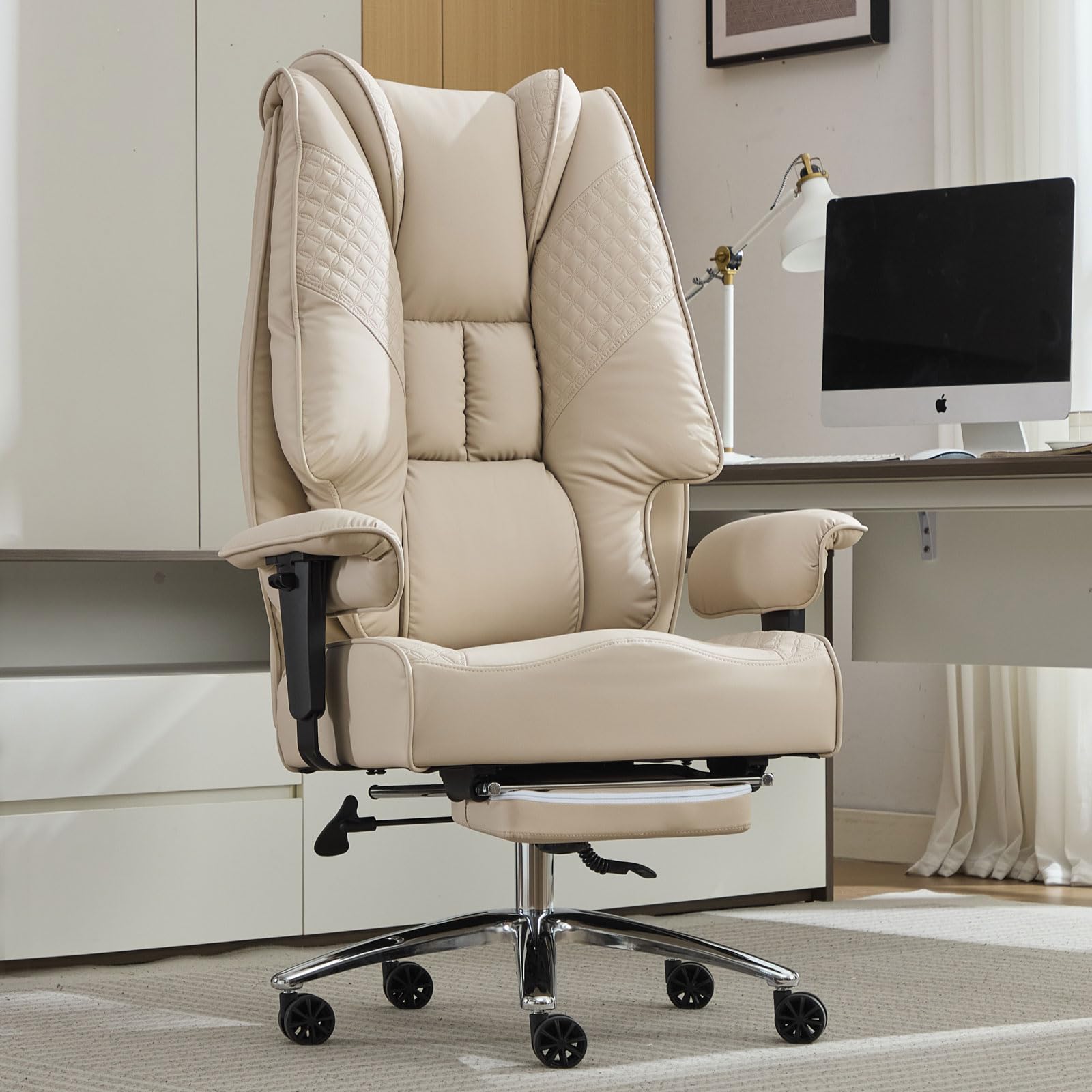 EXCEBET Big and Tall Office Chair 400lbs Wide Seat, Leather High Back Executive Office Chair with Foot Rest, Ergonomic Chairs Lumbar Support for Lower Back Pain Relief (Beige)