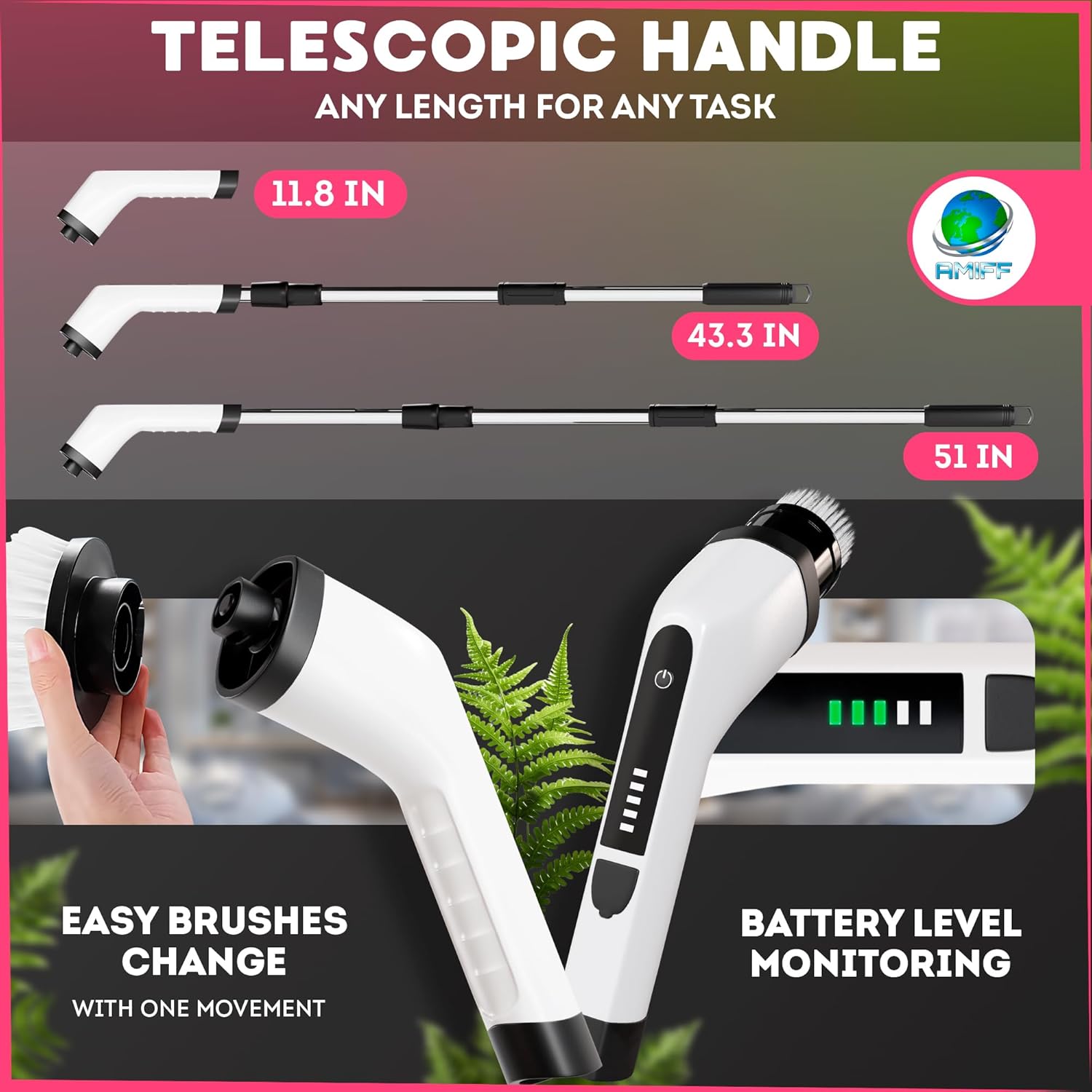 7-in-1 Electric Bathroom Scrubbing Brush, 2500 mAh. Telescopic Bathtub Scrubber with Long Handle. Powerful Electric Bathtub Scrubber. Portable Power Brush for Cleaning Bathroom, Kitchen, Car