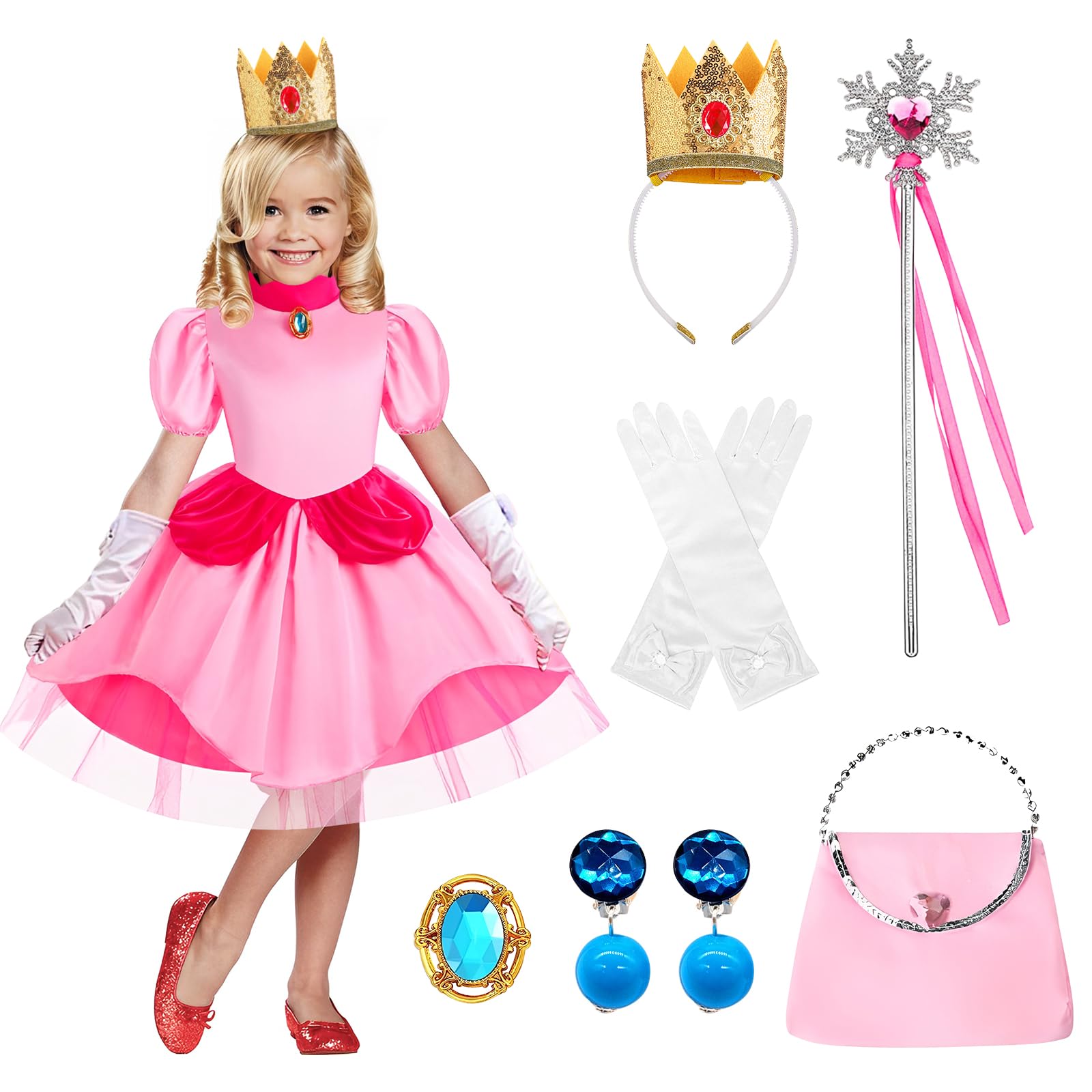 CHMMY Peach Cosplay Disfraz Niña Princesa Vestido de melocotón Traje de niños Vestidos Cosplay con accesorios para Halloween Carnaval Boda Fiesta de cumpleaños Disfraces Niños