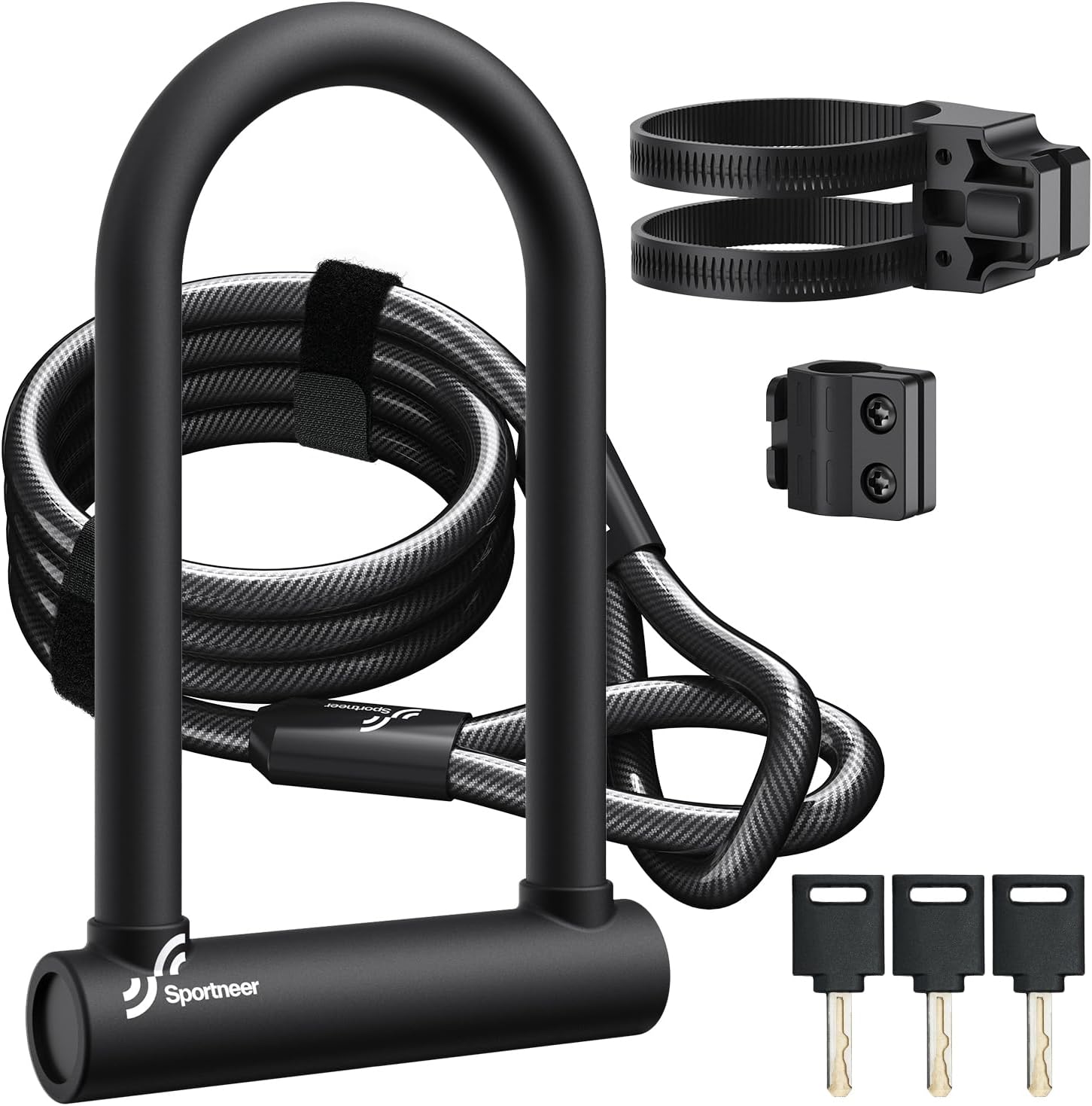 Sportneer Bike U Lock - 18mm Shackle Heavy Duty Bike Lock with 6ft Security Cable - Bicycle U-Locks with Sturdy Mounting Bracket for Road, Mountain, Electric and Folding Bike, Size 9.85''x6.