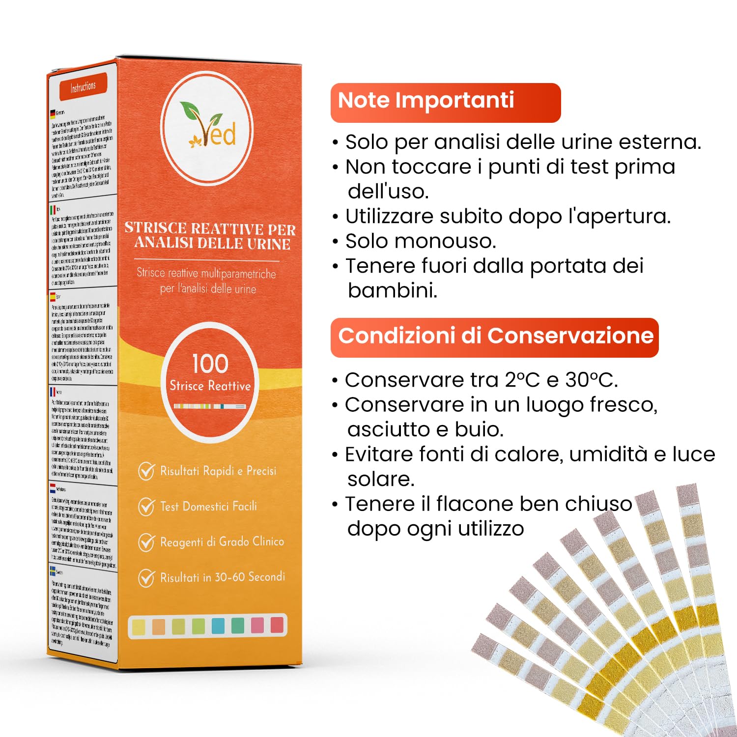 Strisce reattive per urine VED 100 x 14 in 1 | Strisce reattive per urine a 14 parametri per urobilinogeno, bilirubina, chetoni, sangue, proteine, peso specifico, pH, acido ascorbico, calcio urinario.